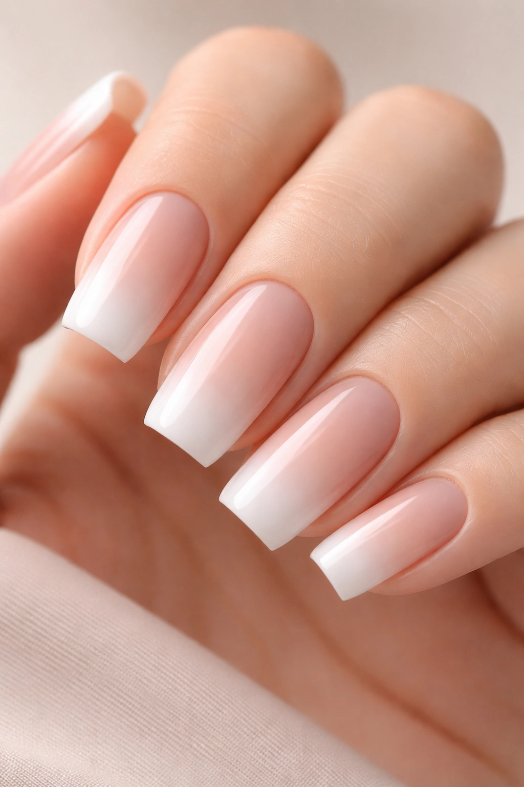 Nails with reverse gradient from white base to nude tips on a hand.