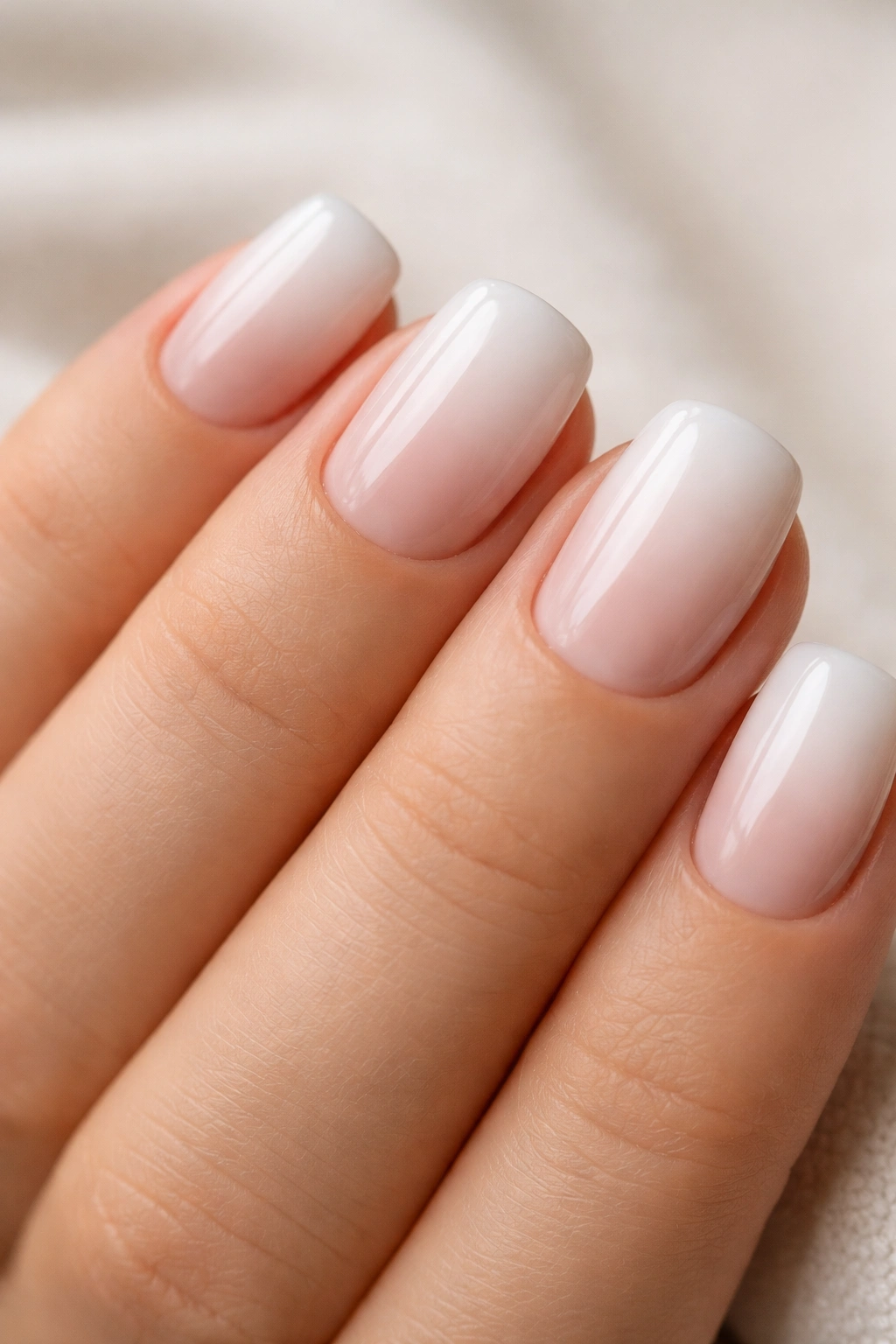 White to nude ombre nails on short squoval nails