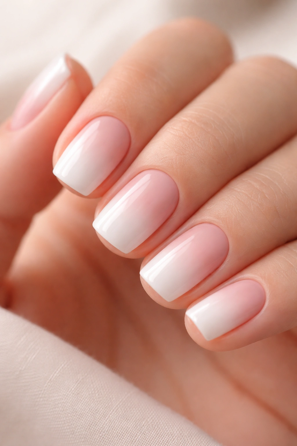 Close-up of white to blush ombre nails on a short squoval shape