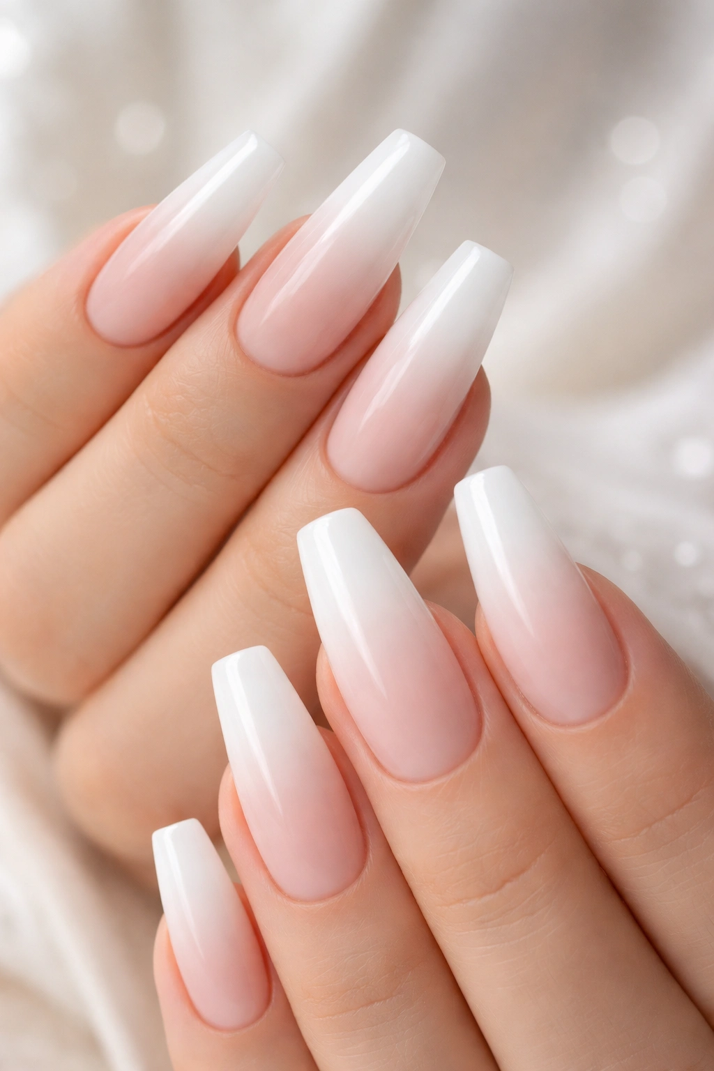 Close-up of coffin nails with soft white-to-ombre tips