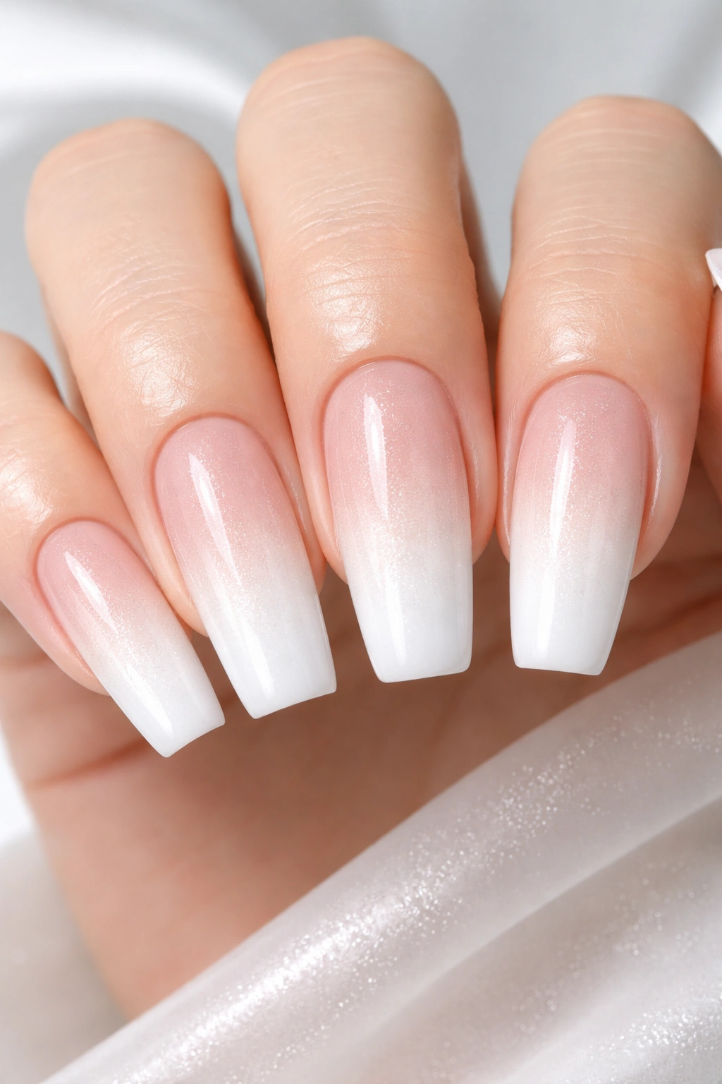 Close-up of white ombre nails from nude to white gradient