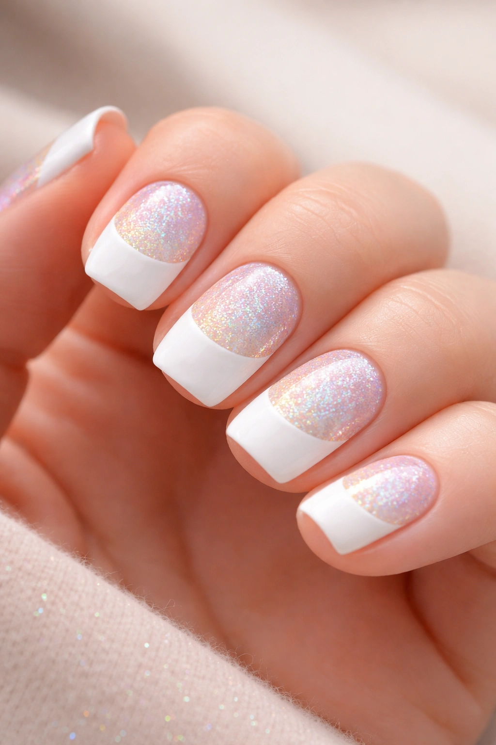Close-up of short squoval nails in pure white with rainbow pastel microglitter base