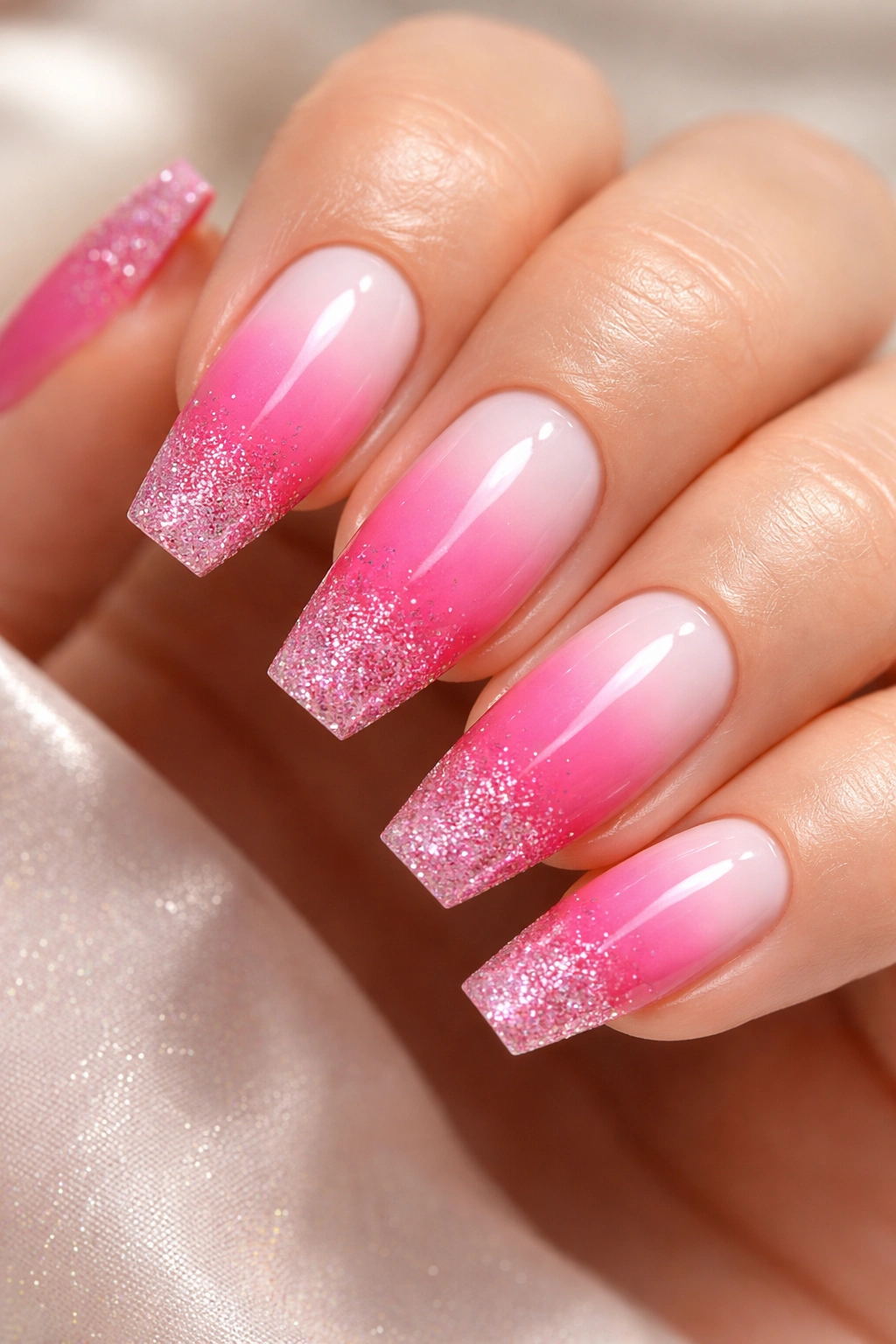 Close-up of white-to-hot-pink ombre with glitter tips on medium coffin nails
