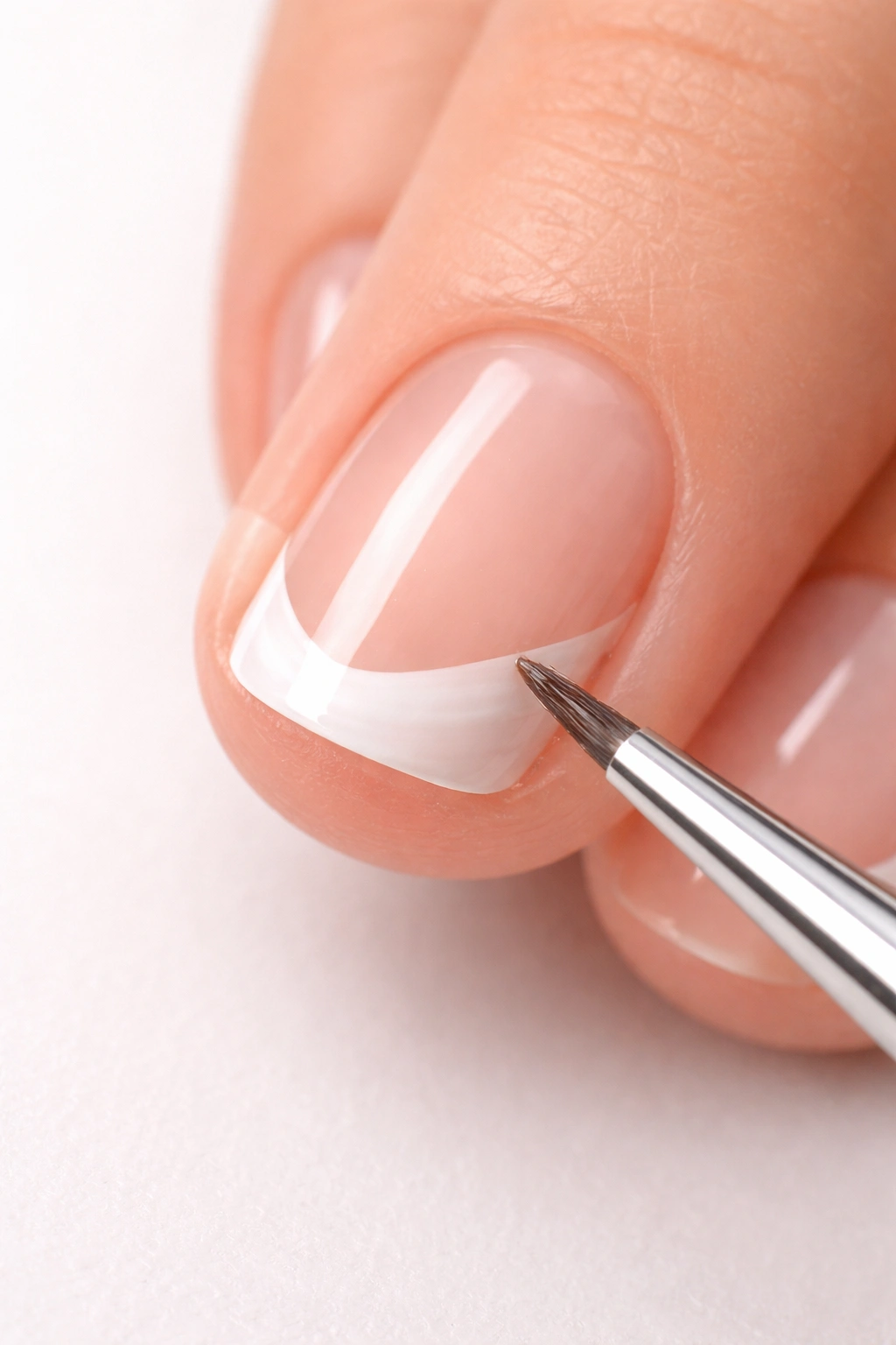 Thin white tip being painted over guide on short nail