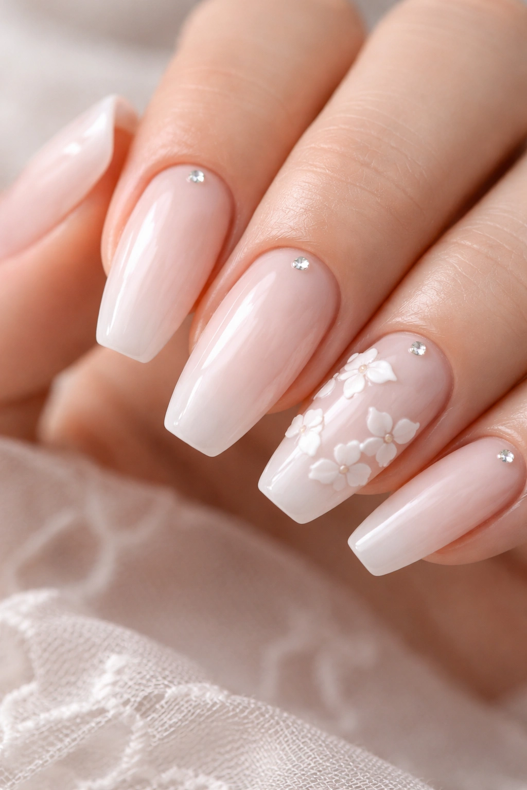 Close-up of milky nails with raised white flower petals