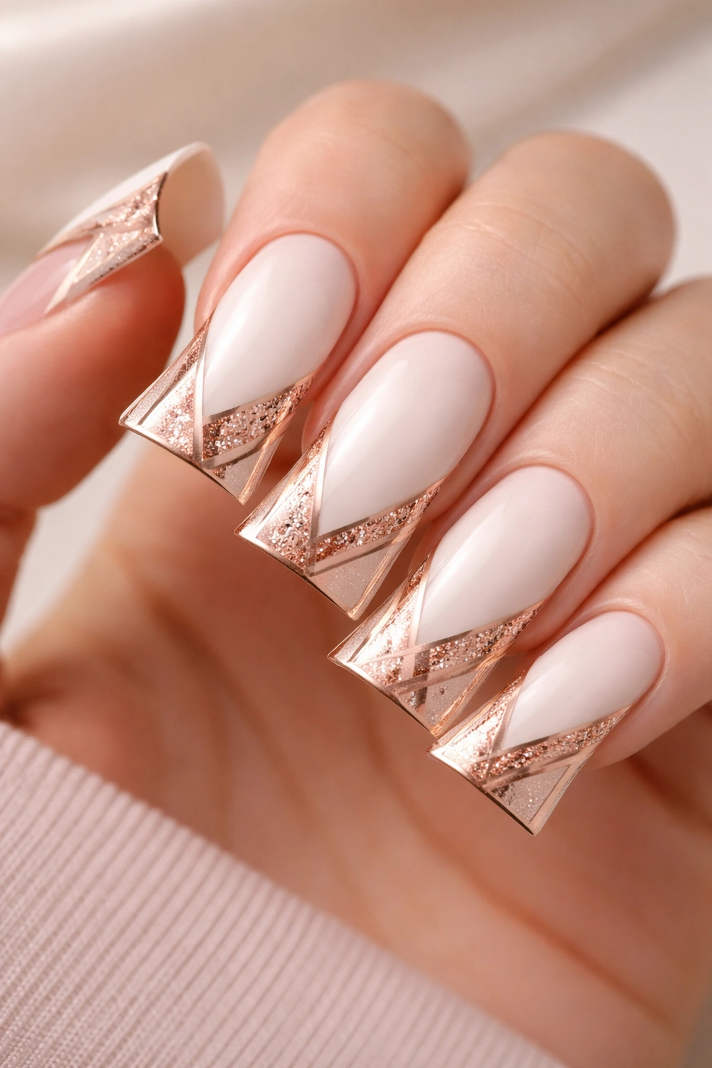 Duck nail with white base and rose gold negative space on the wide tip