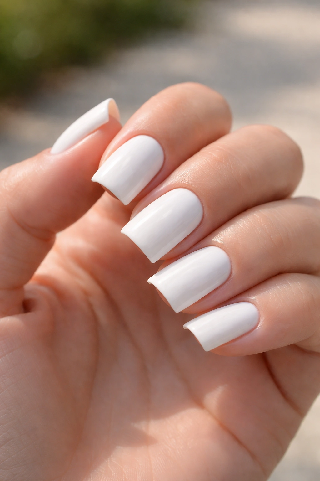 Close-up of short white duck nails showing different white undertones under natural light.