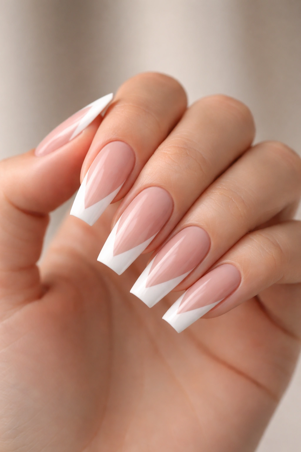 Crisp white side-tip ballerina nails with a diagonal edge