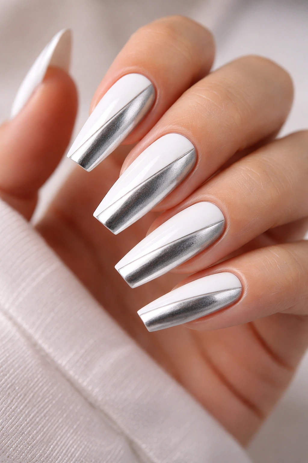 Coffin nails with white and silver two-tone split design