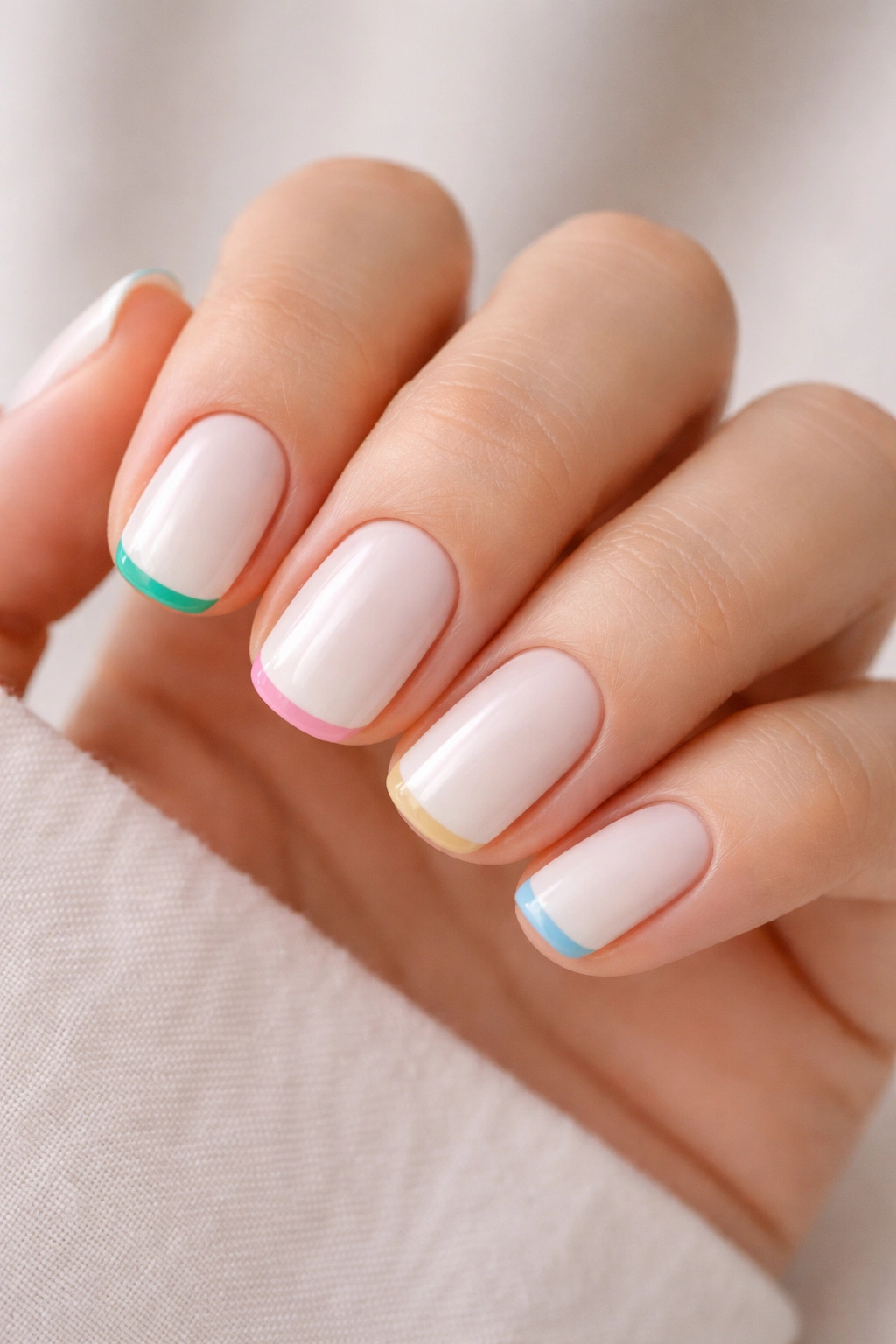 Close-up of white squoval nails with a barely visible emerald line along the curved tip