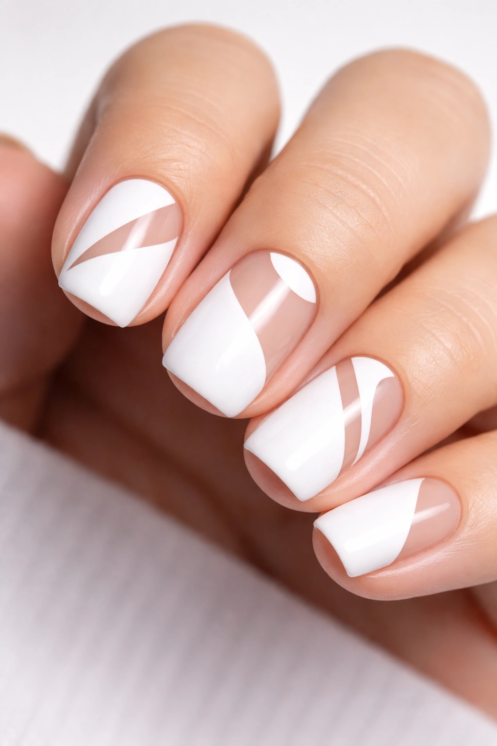 Close-up of white squoval nails with negative-space design