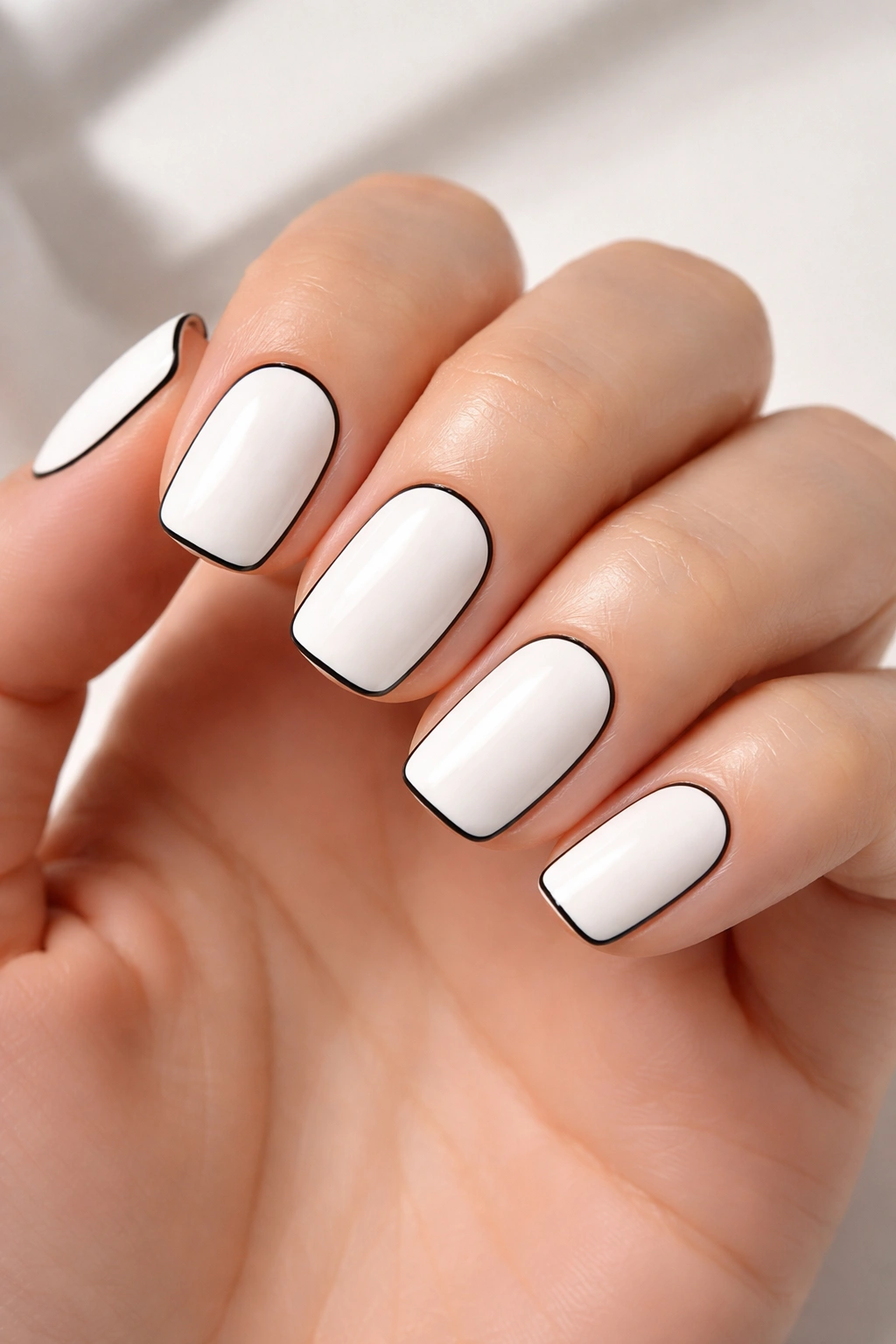 Close-up of white squoval nails with a thin black outline on a hand, studio lighting