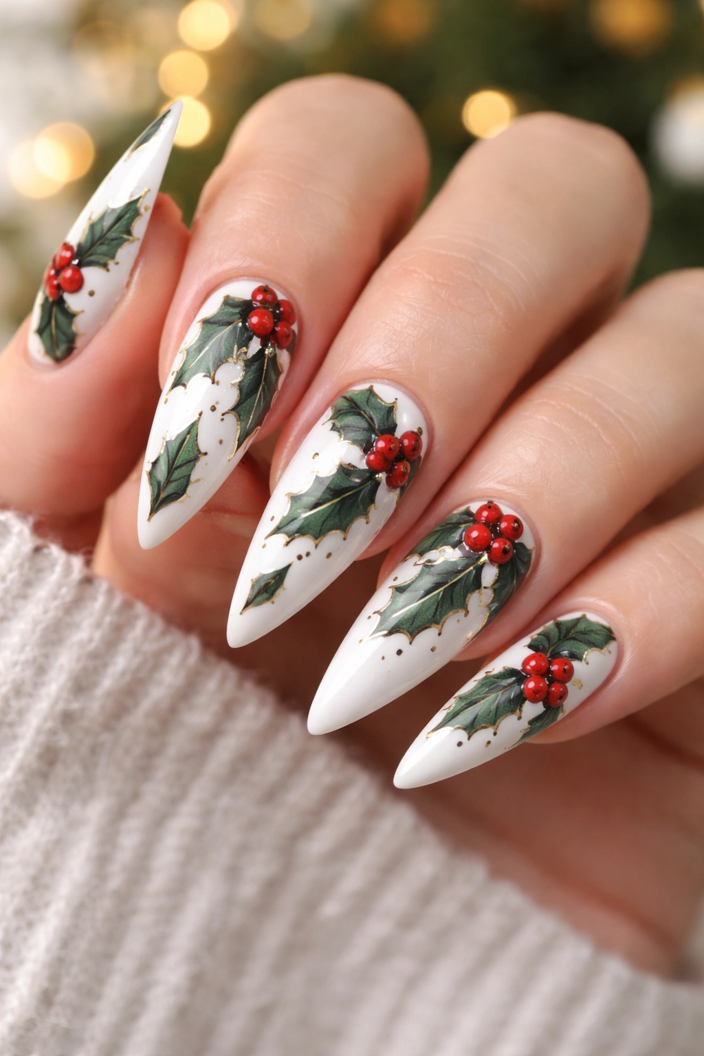 Close-up of white stiletto nails with holly leaves design