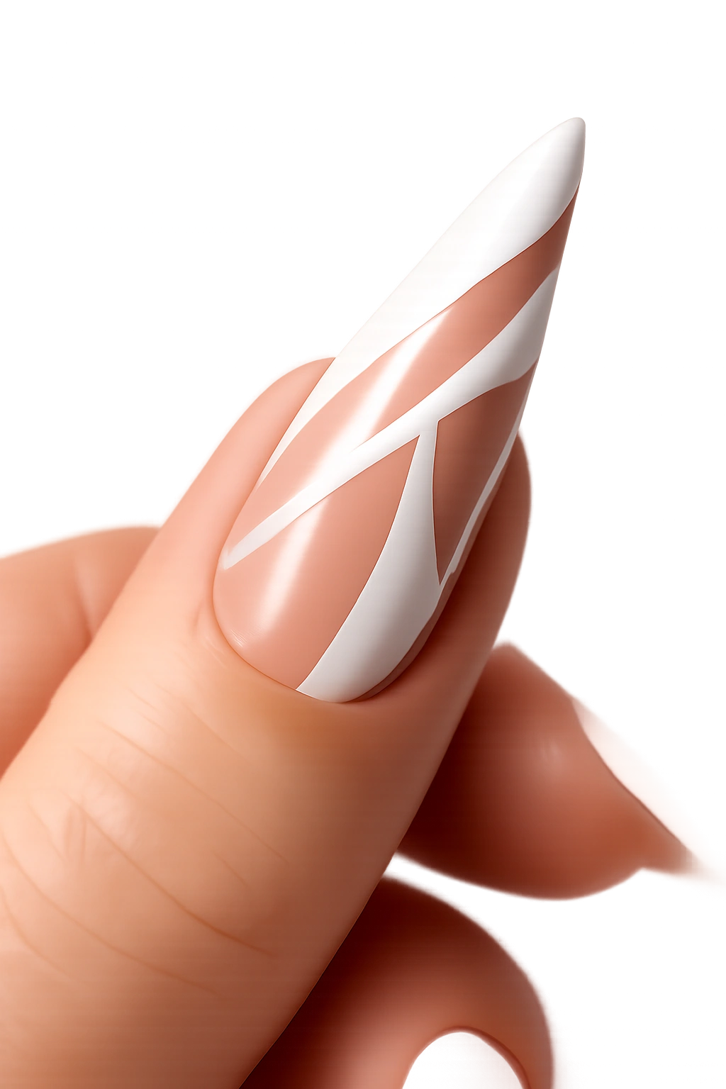 Close-up of white stiletto nail with negative-space geometric design