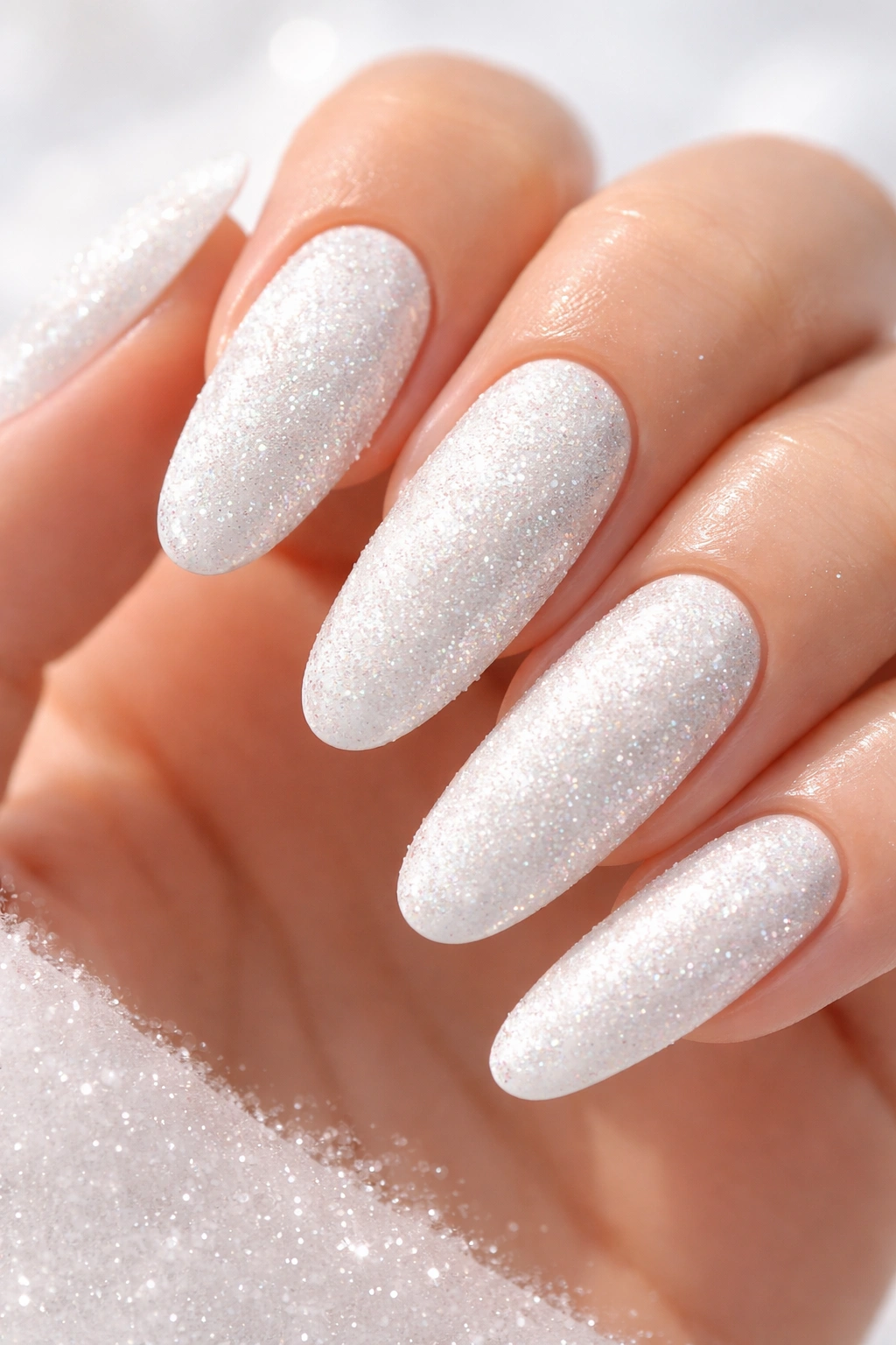 Sparkly white sugar nails with crystal texture