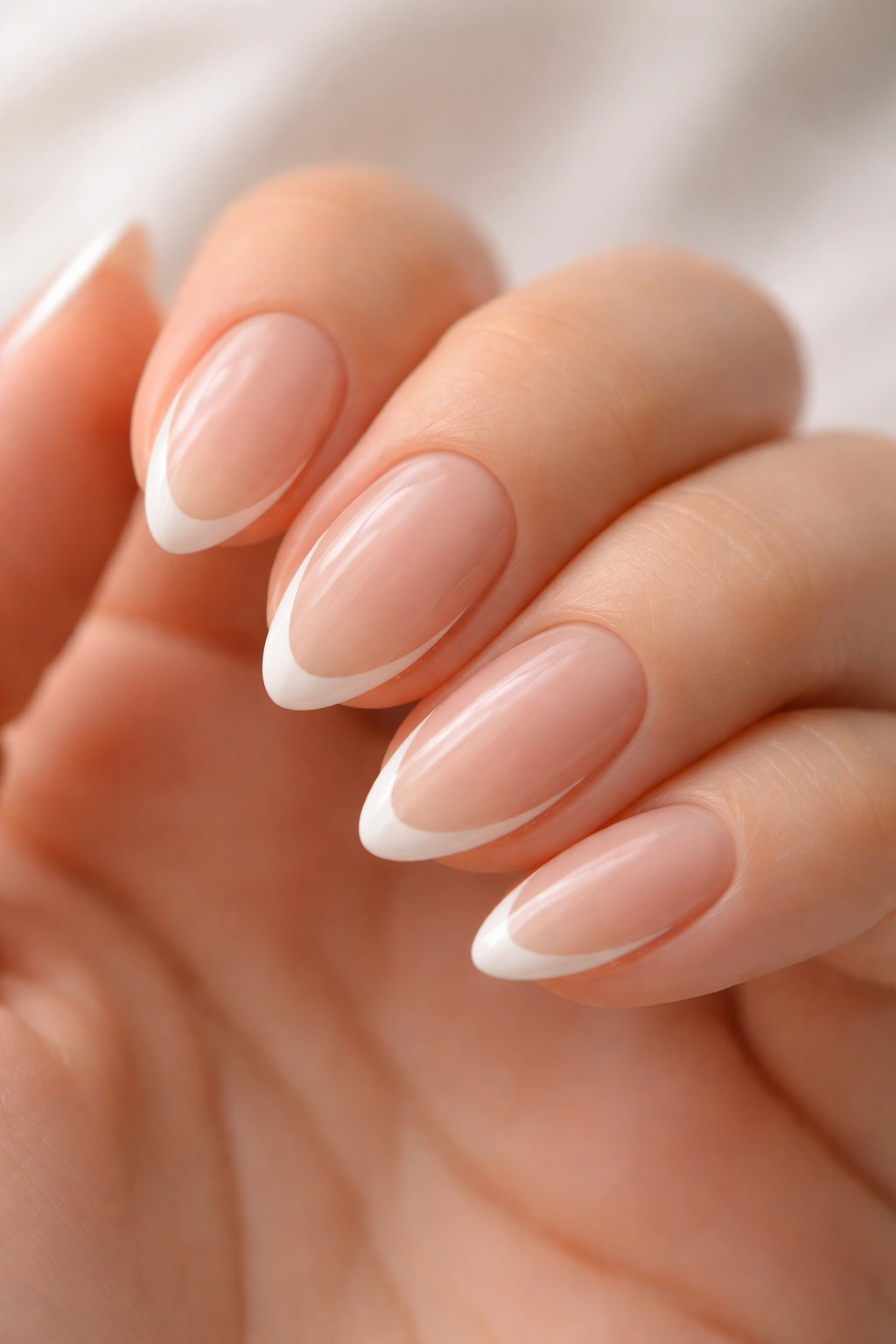 Close-up of short almond nails with fine white outline