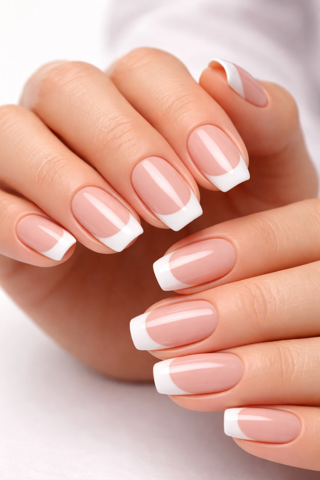Close-up of hands with classic white-tip French manicure on nude base.