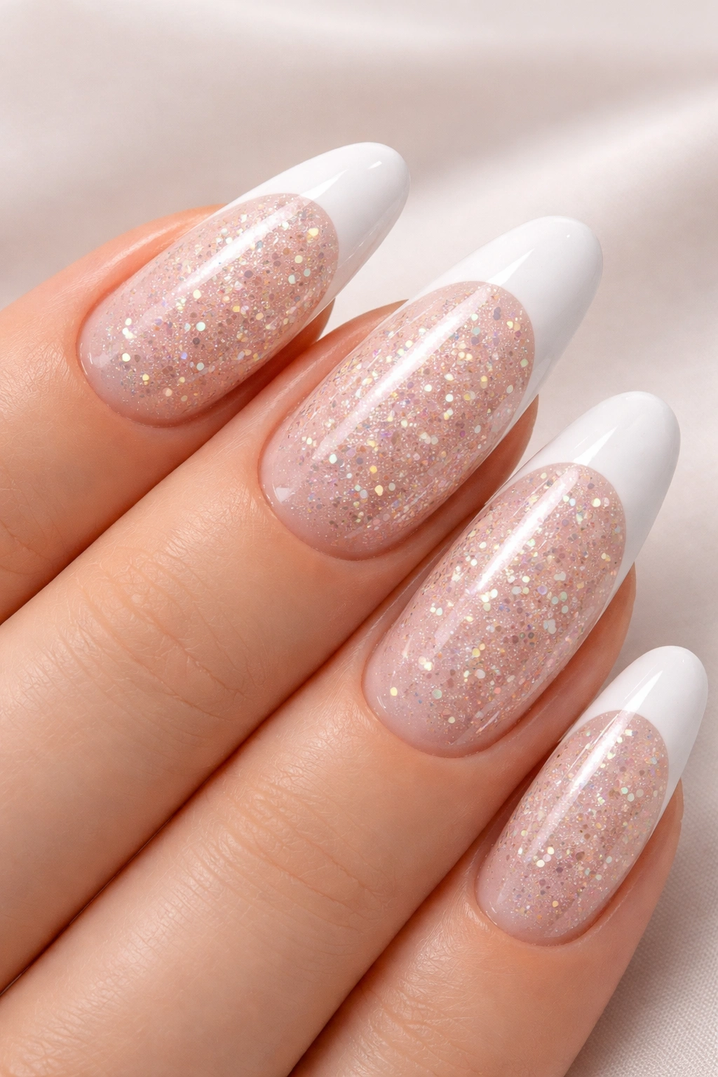 Close-up of white-tipped nail with confetti glitter base