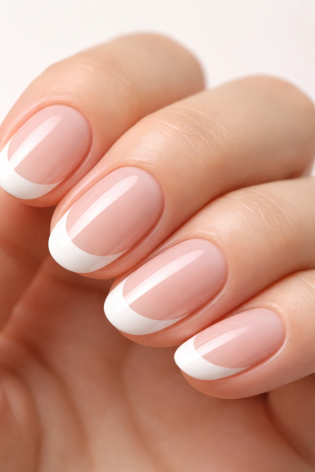 Close-up of round nails with crisp white tips along curved edge