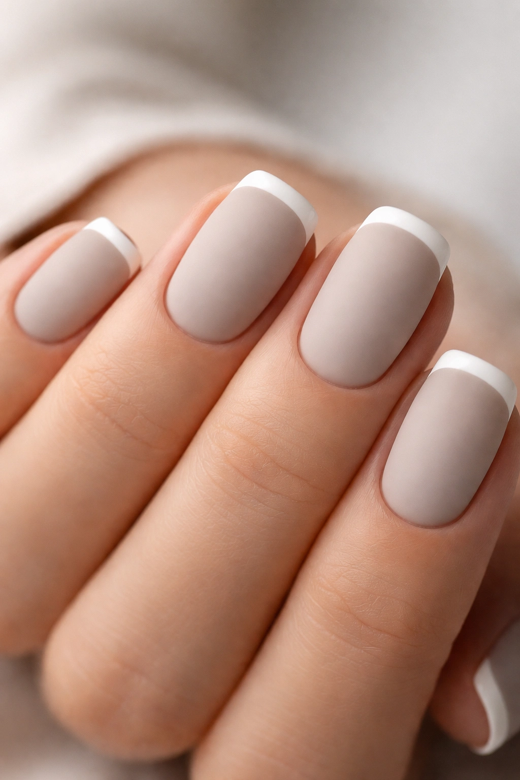 Close-up of short squoval nails with greige base and thin white tip