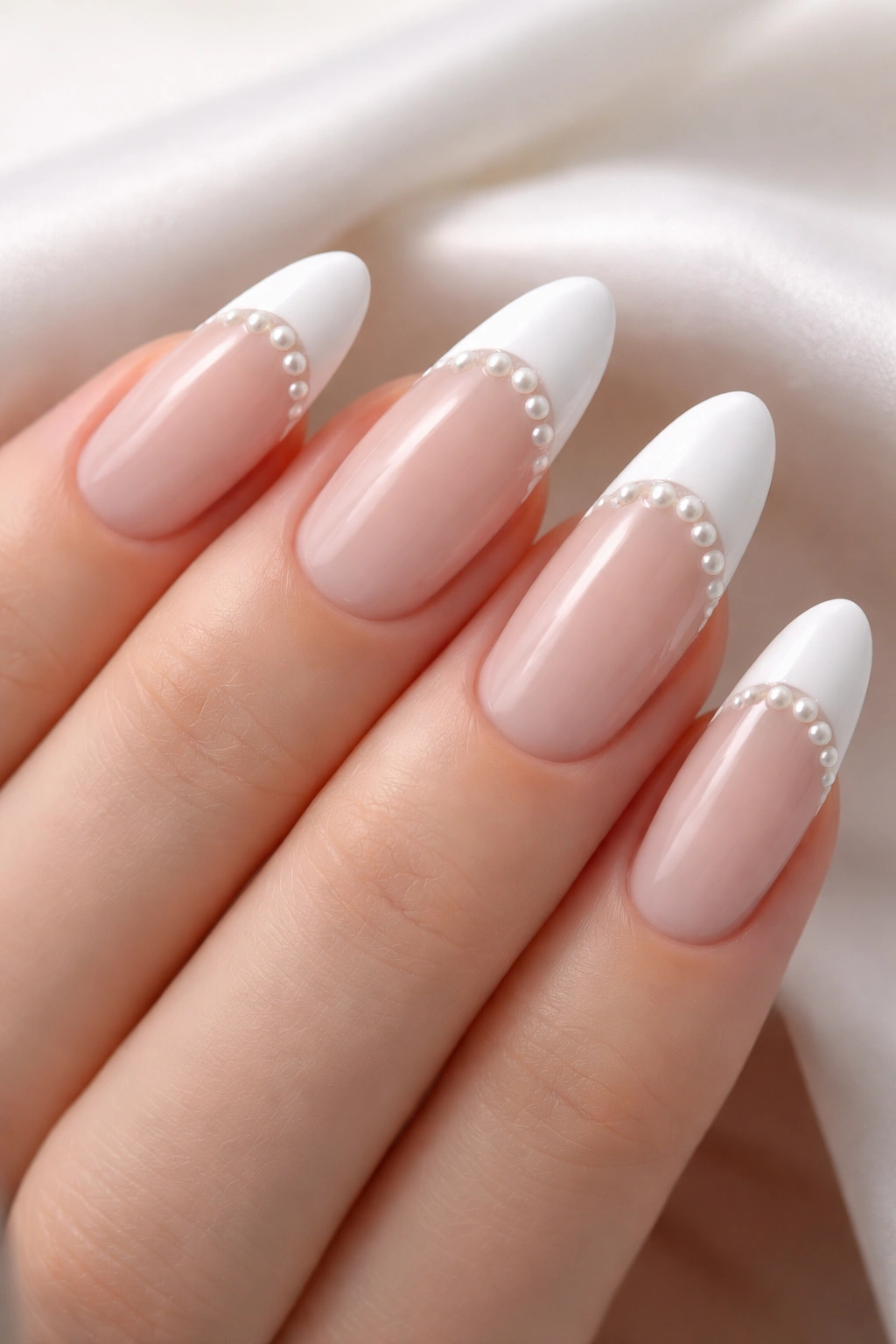 Classic white tip nails with pearl accents on long ovals.