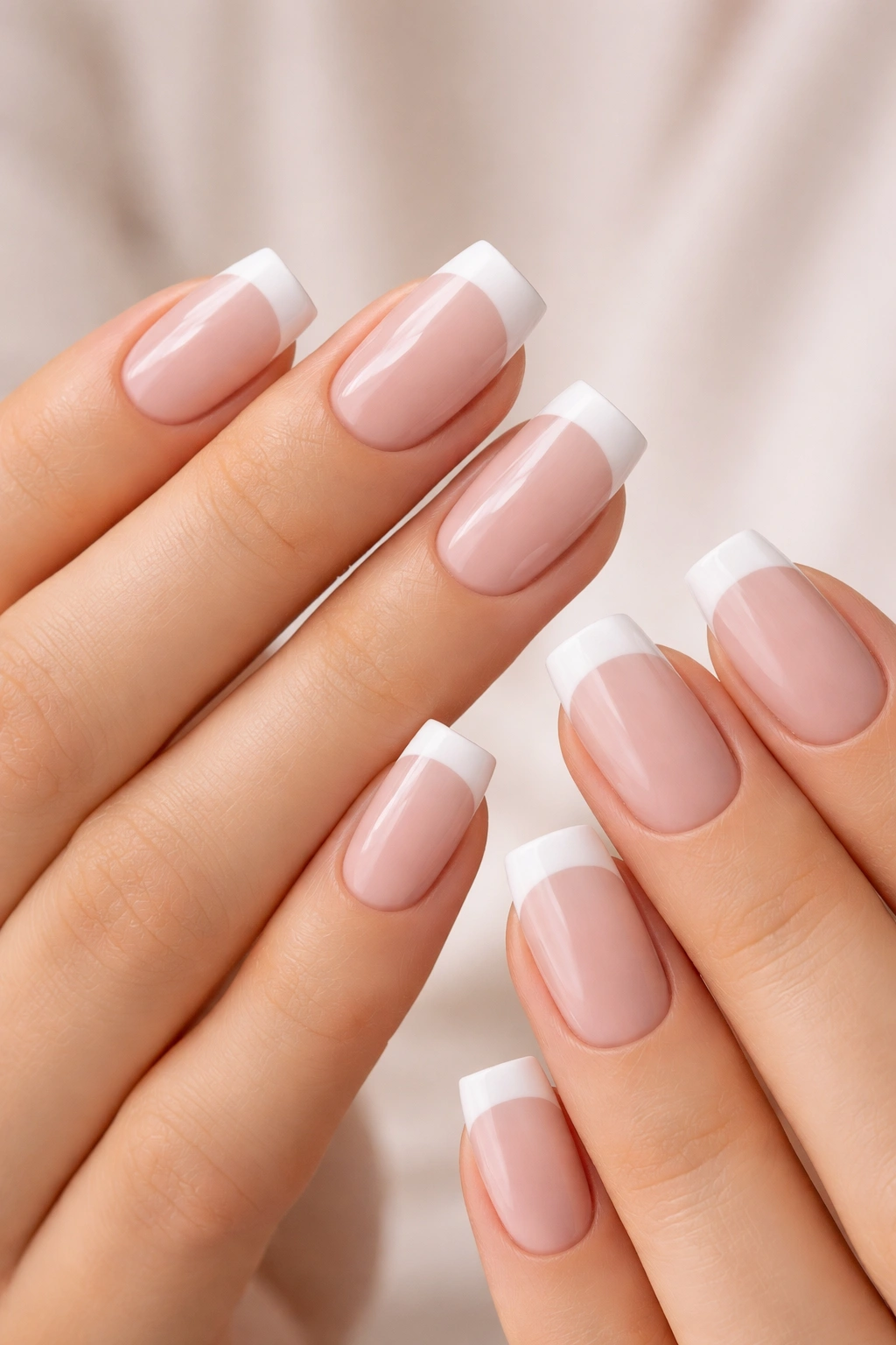 Close-up of hands displaying classic white tip nails on soft square shape with nude base