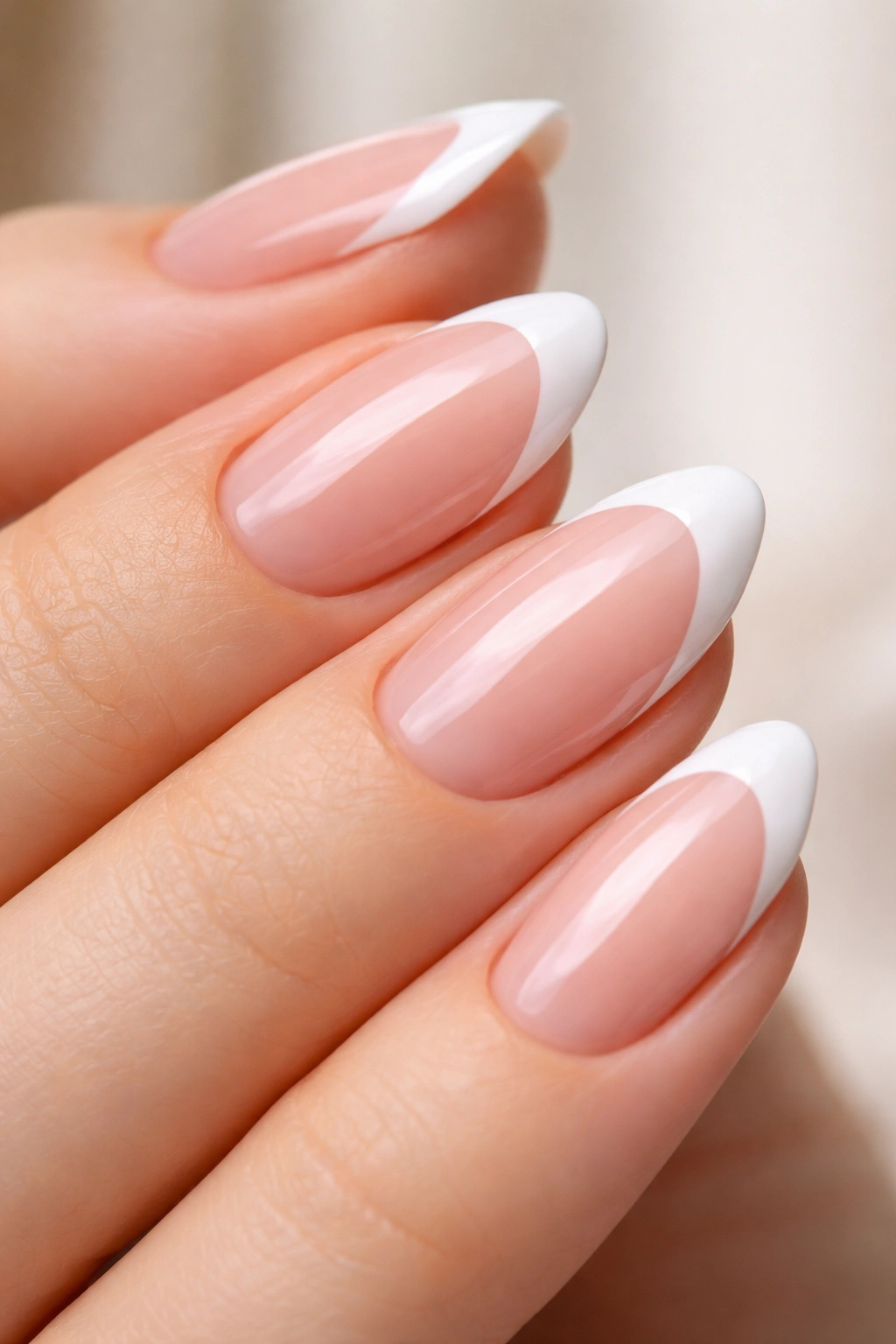 Close-up of a short almond nail with a classic white tip and rounded smile line.