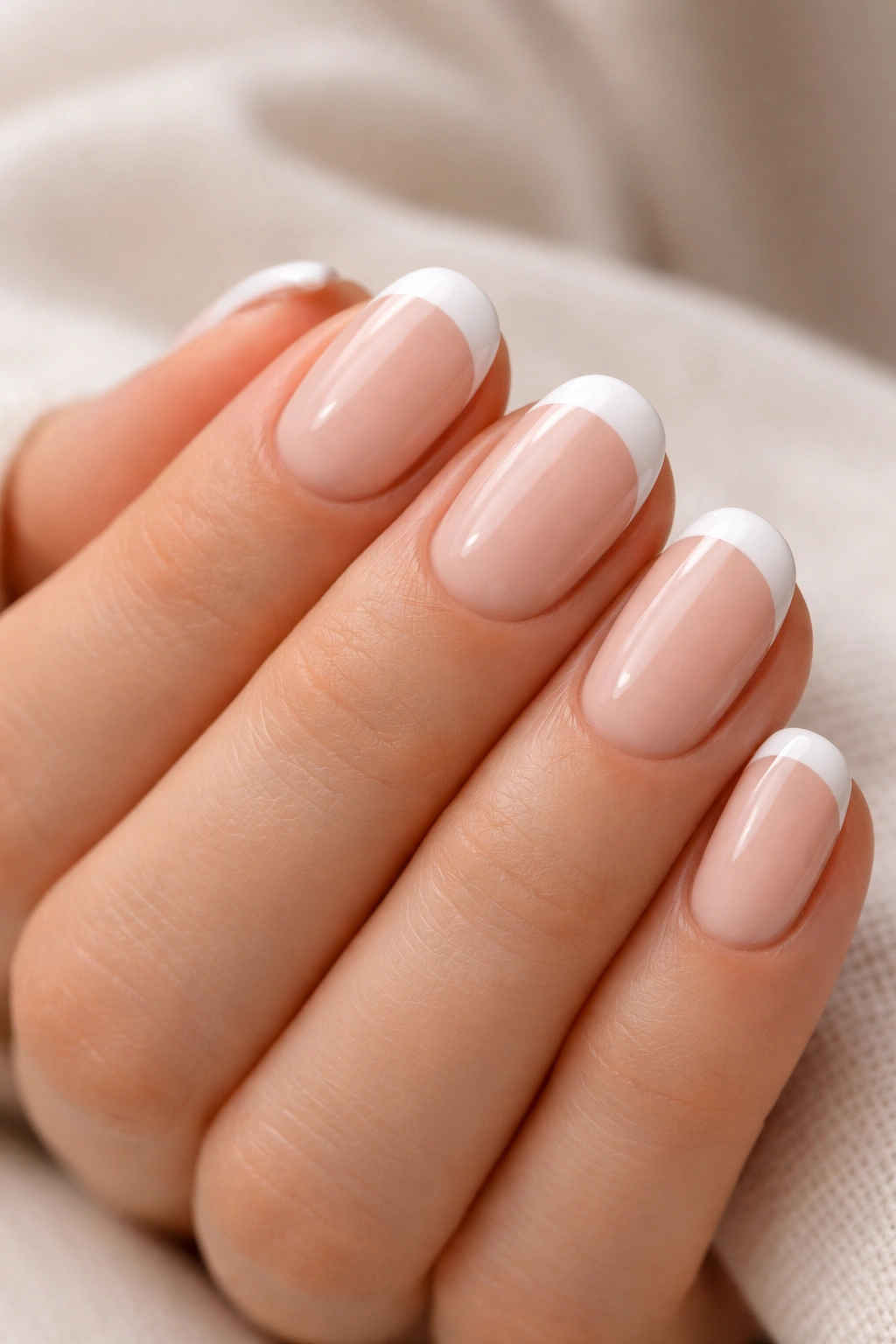 Close-up of white-tipped short oval nails on milky pink base