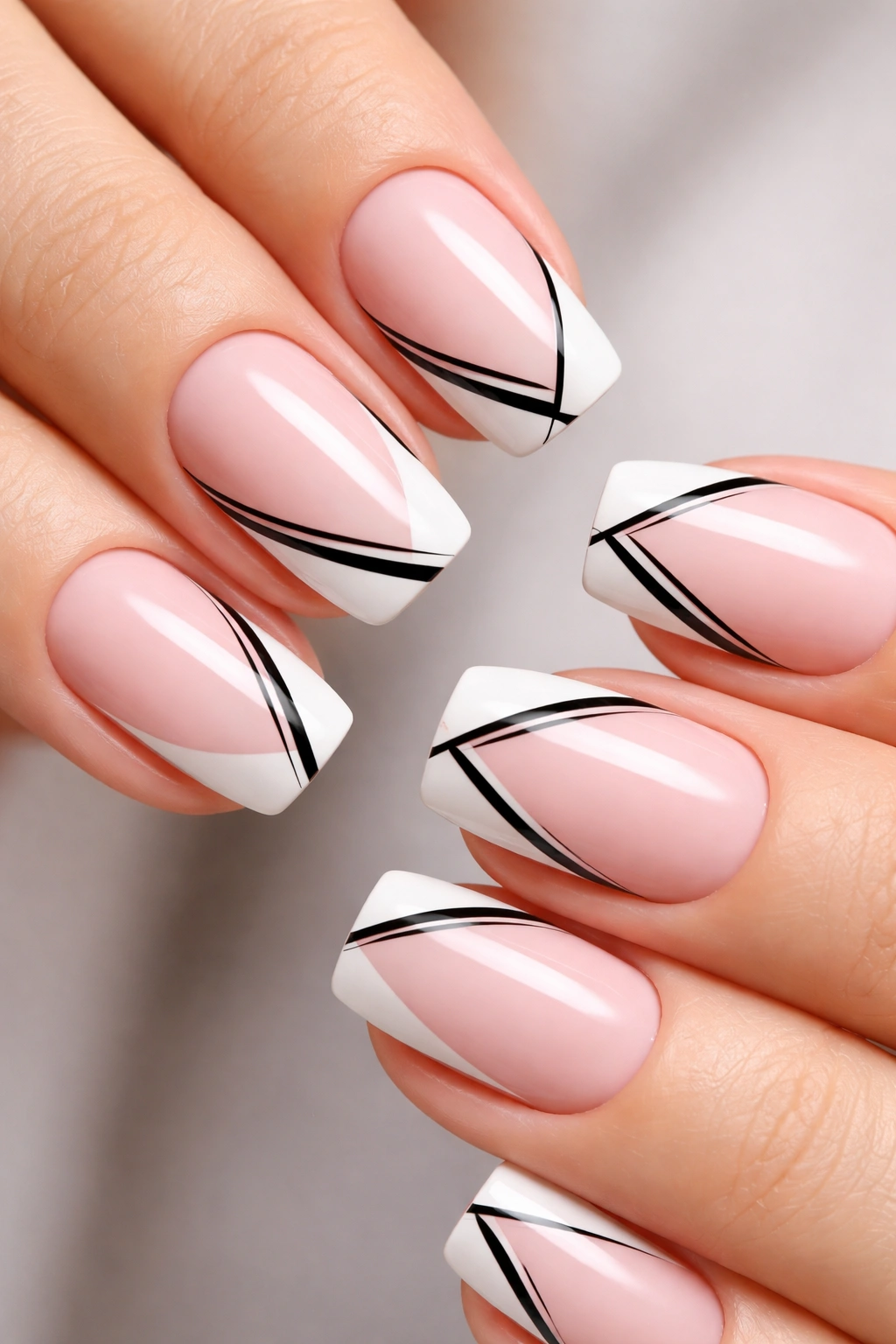 Close-up of short squoval nails with white tips and black geometric lines on pale pink base