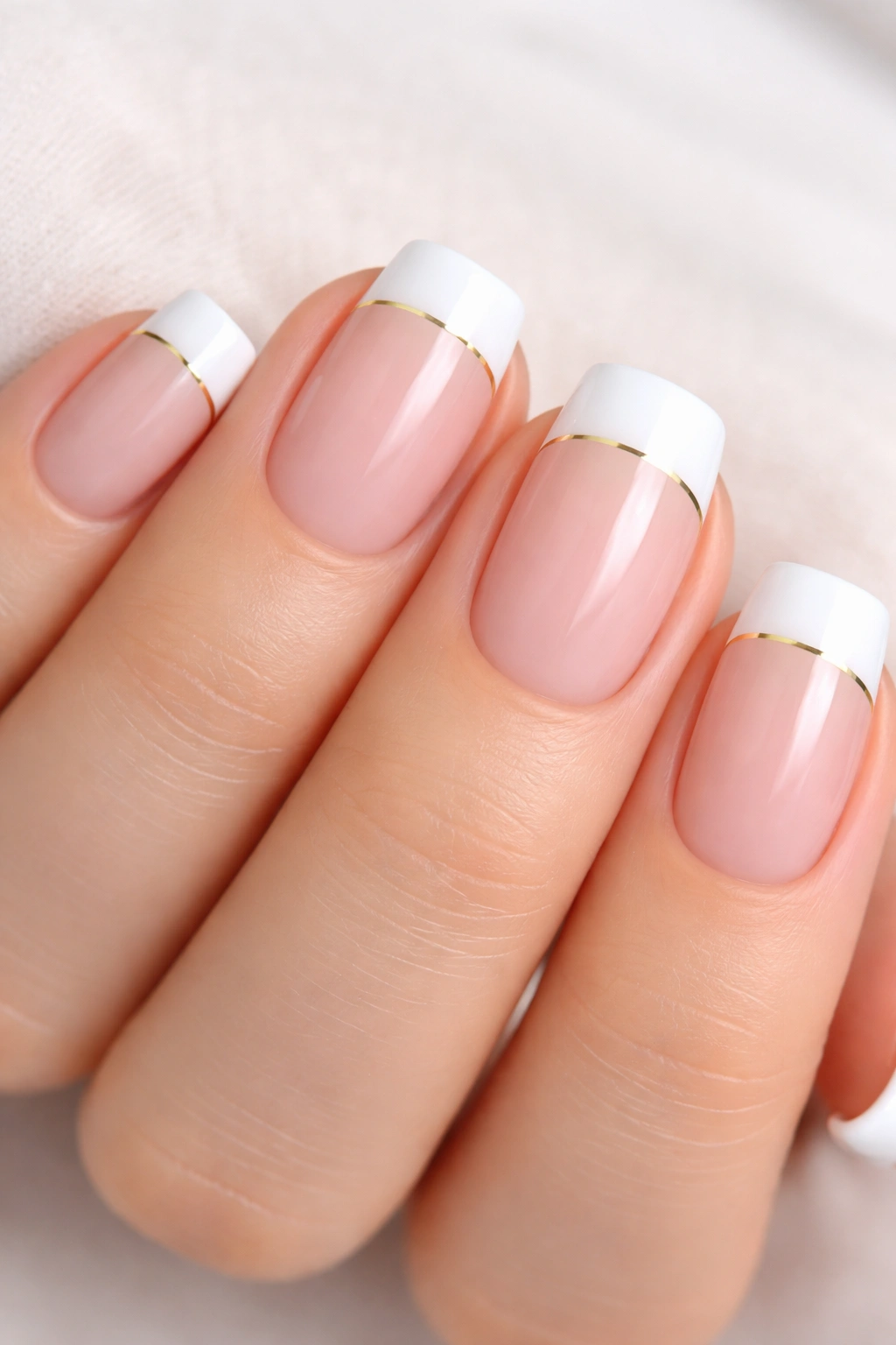 Close-up of short squoval nails with white tips and a thin gold line