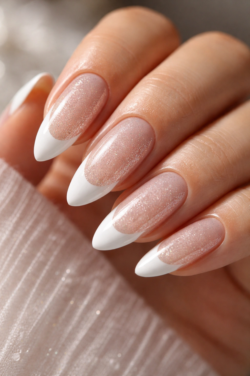 Almond nails with white tips and subtle micro glitter base