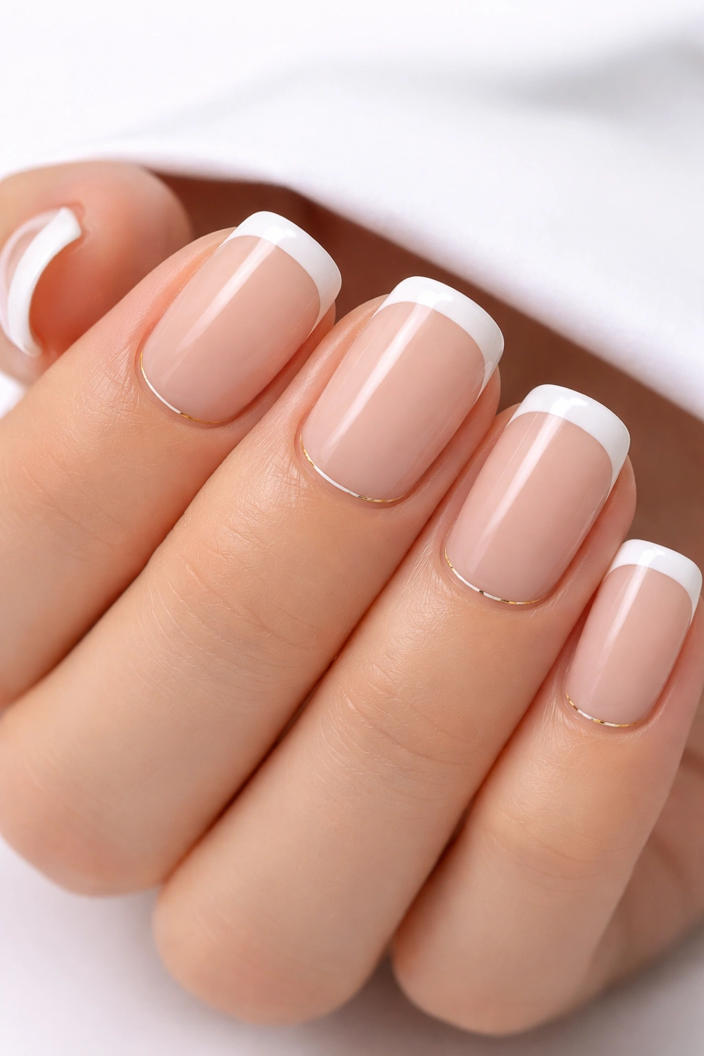 Close-up of short nails with nude base, white tips, and fine gold detail for a restrained look