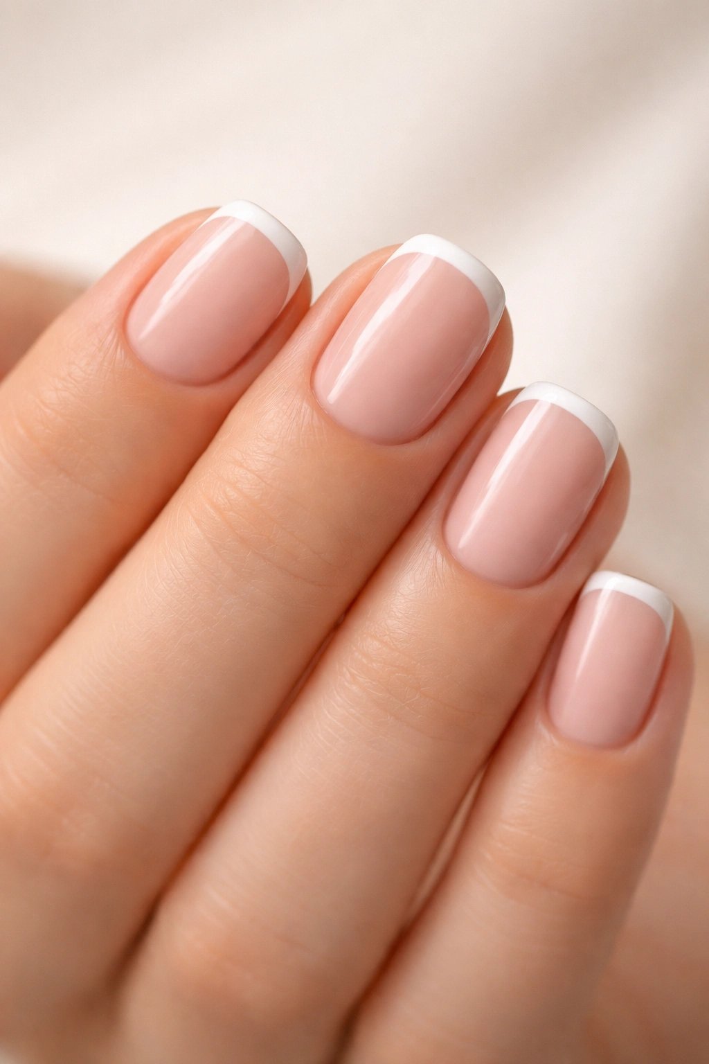 Close-up of short squoval nails with thin white tips in modern French style