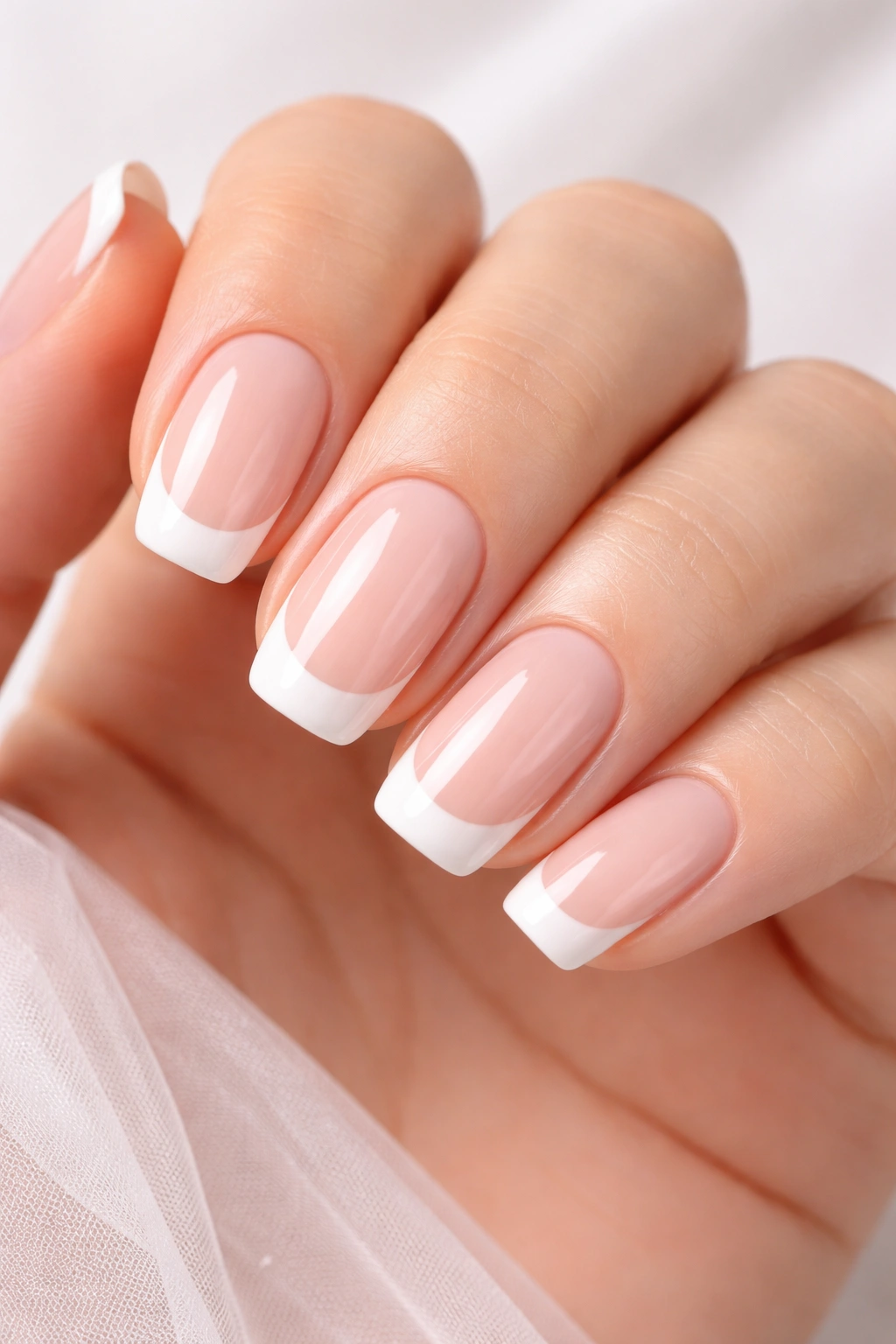Close-up of natural nails with white tips and glossy finish