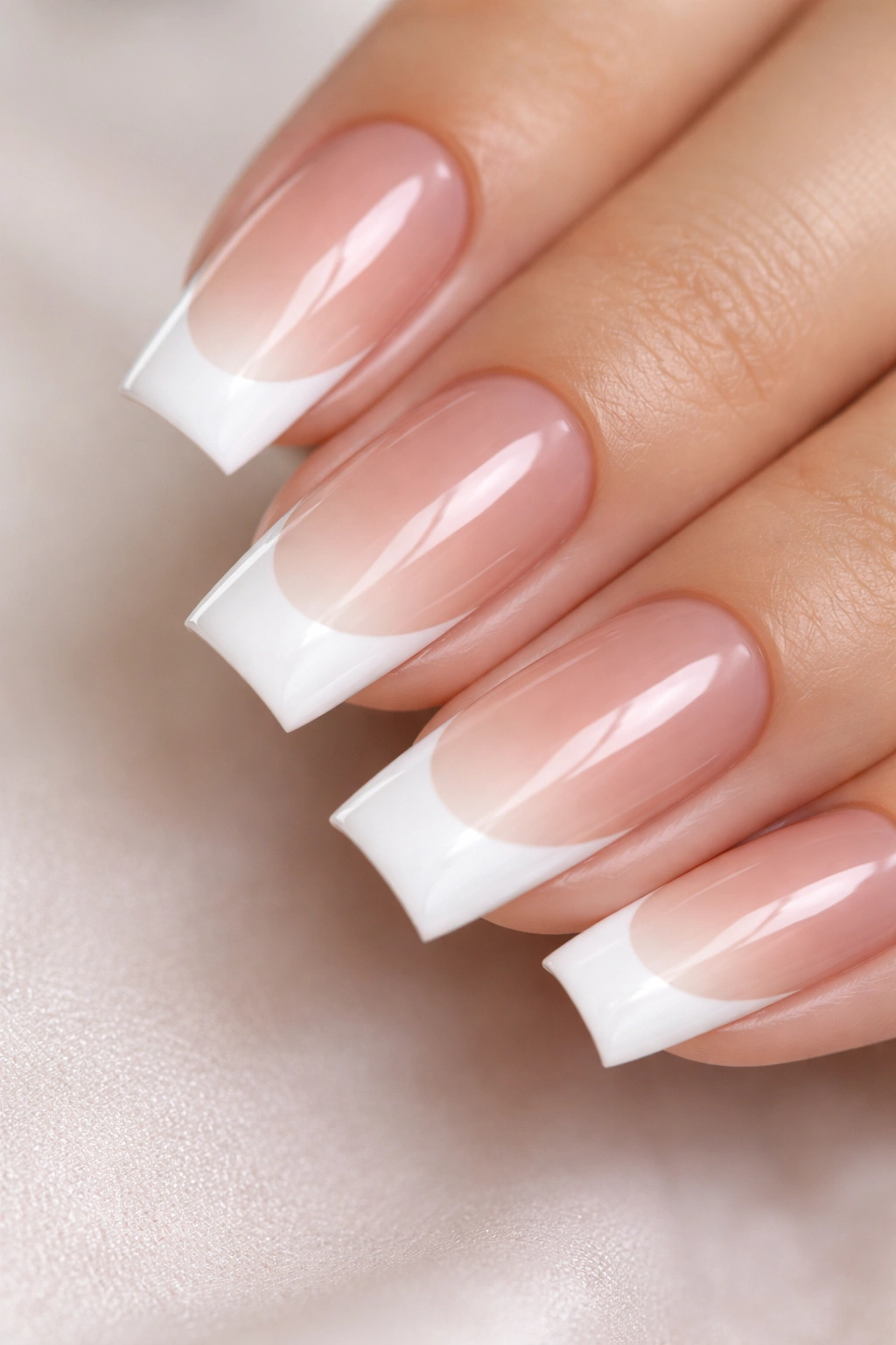 Nude ombre along the sides of white-tipped nails