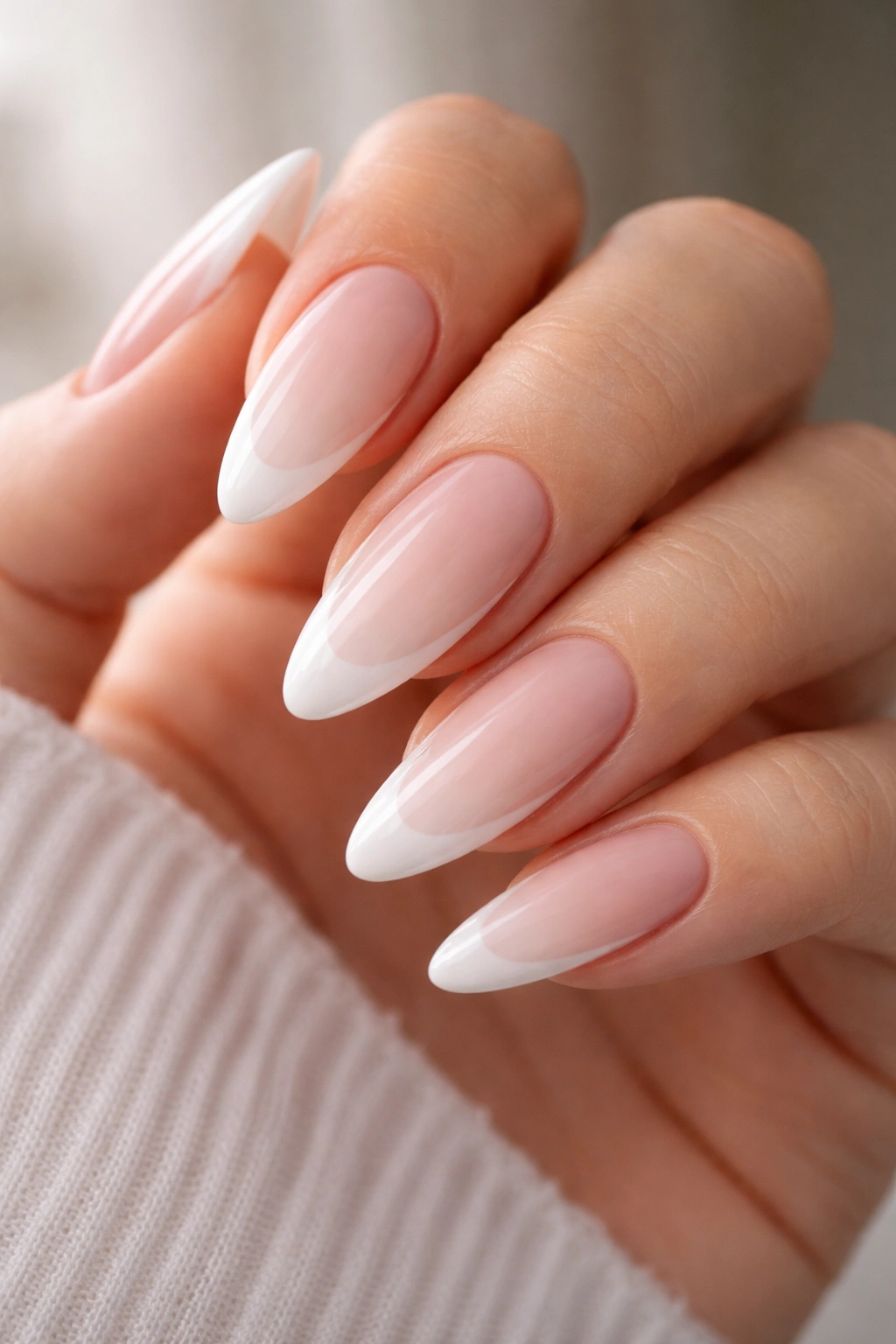 Almond nails with nude ombre base and white tips