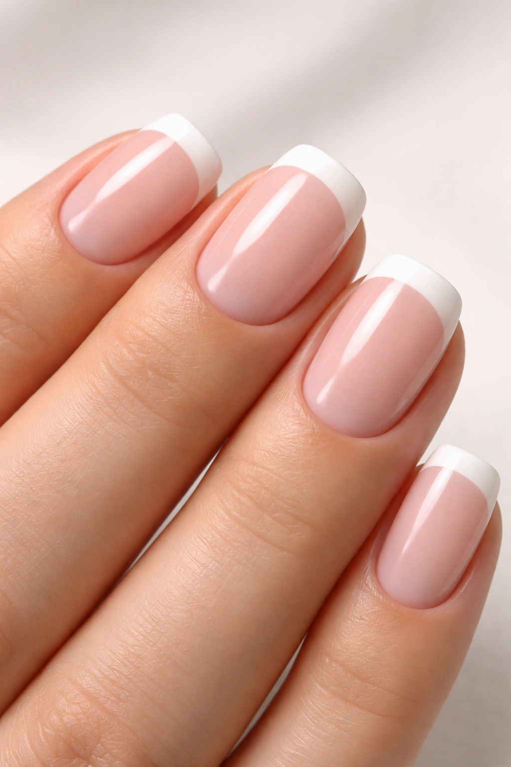 Close-up of short squoval nails with pale pink base and bright white tips.