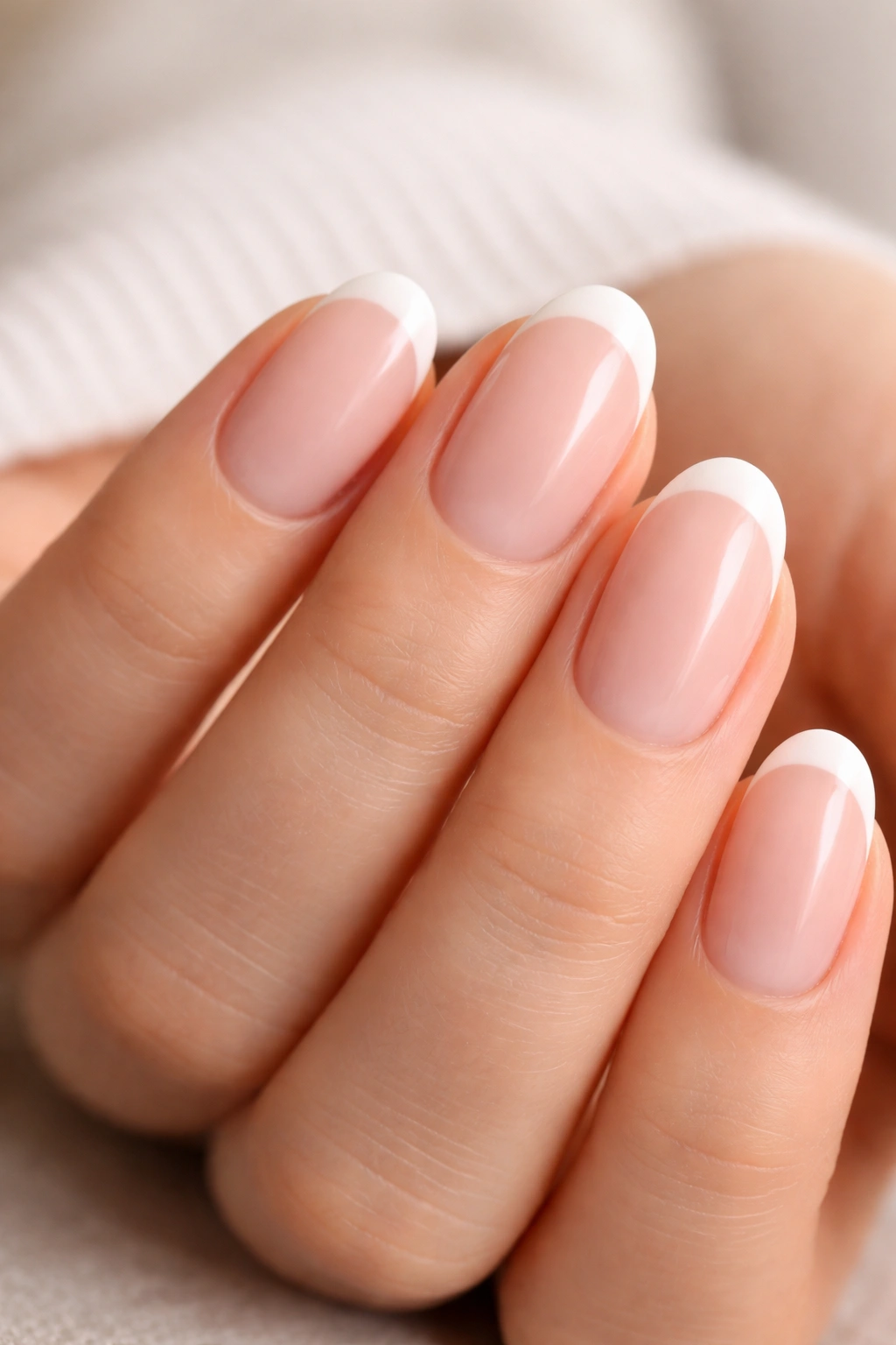 Close-up of short oval nails with sheer baby-pink base and crisp white tips.