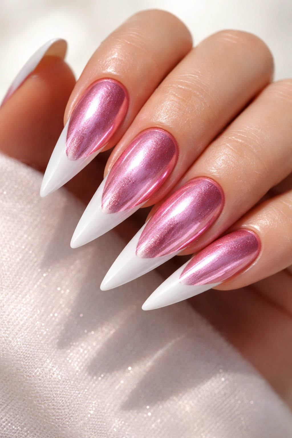 Close-up of high-shine white-tip stiletto nails with a pink metallic base.