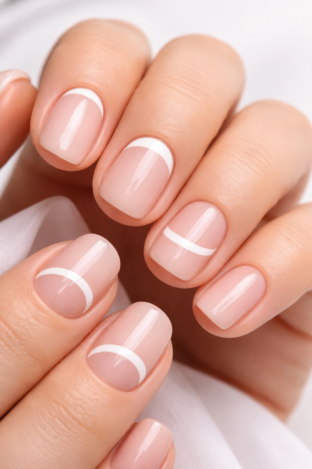 Close-up of nails with reverse French or floating white tips on nude base