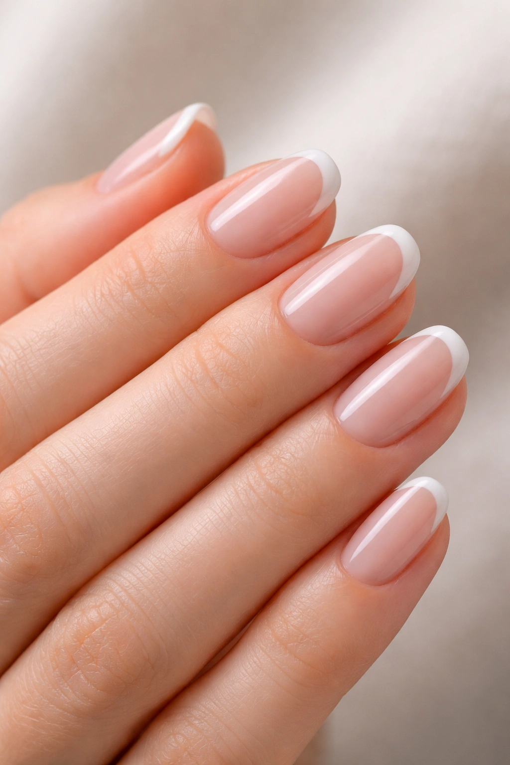 Close-up of white-tipped short oval nails on a sheer base