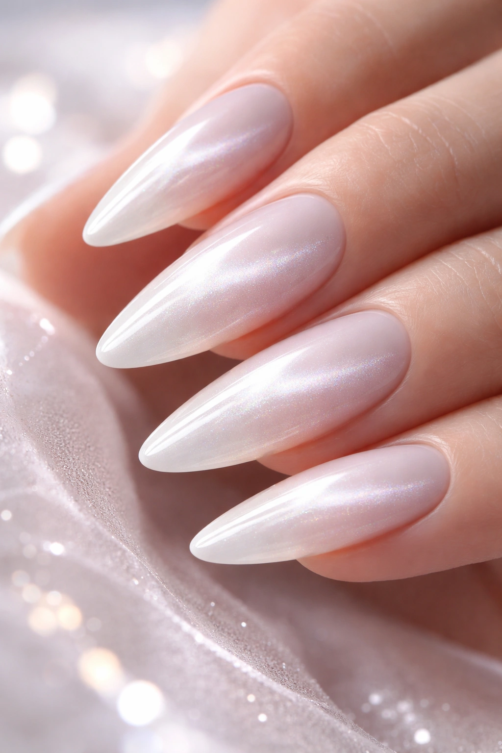 White-to-clear ombre cat eye nails with gradient and shifting stripe