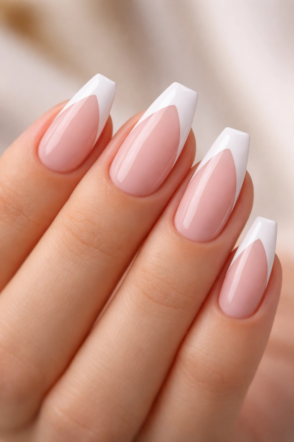 Shorter ballerina nails with crisp white V-tips on pink base