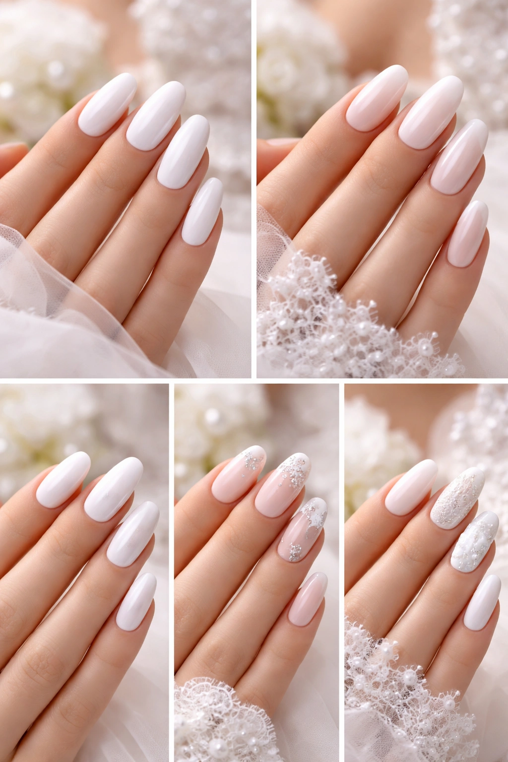Close-up of hands with pure white, milky white, sheer white, and textured white wedding nails