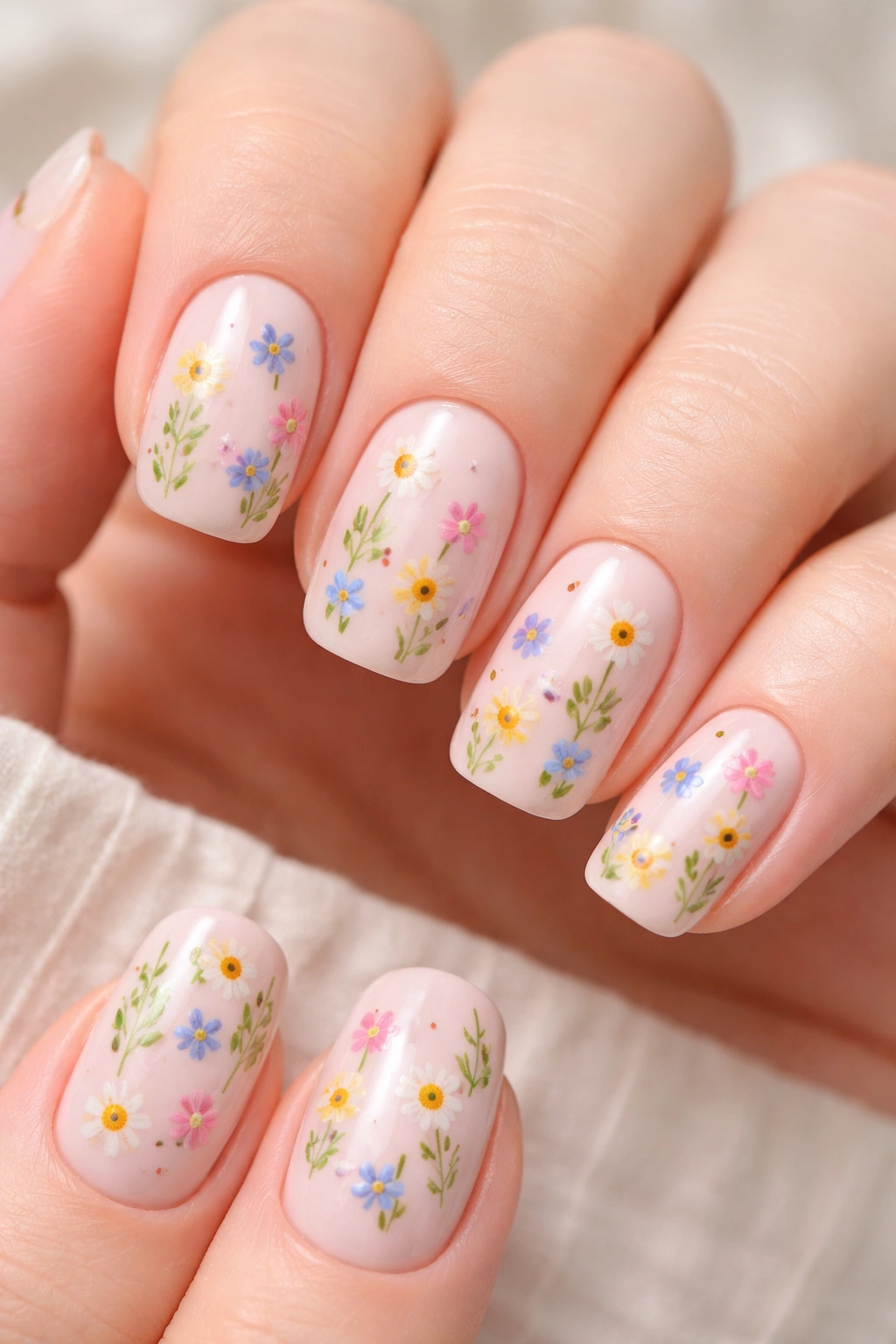 Short squoval nails with scattered tiny wildflowers on cream base