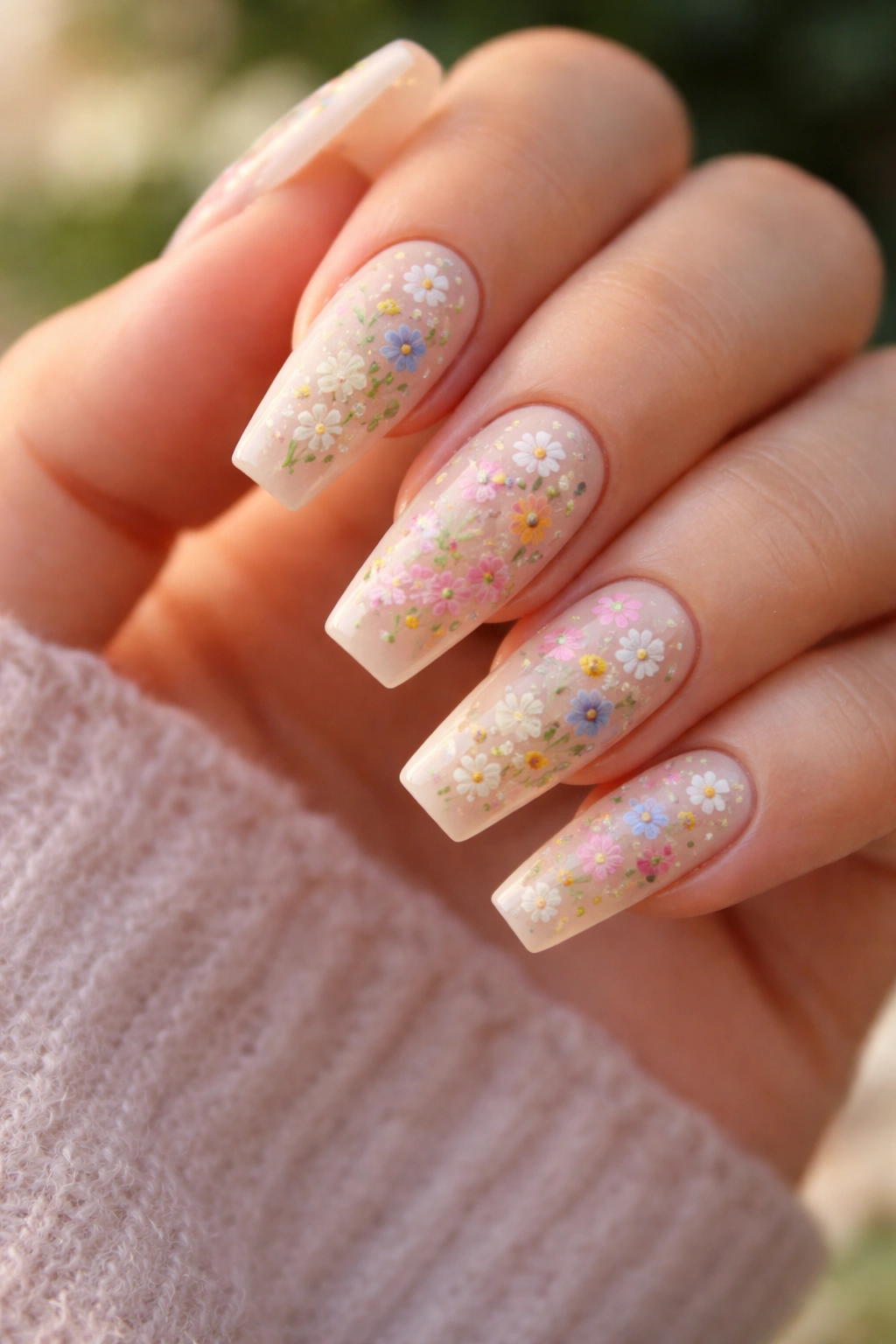 Close-up of coffin nails with a wildflower scatter design on a pale base
