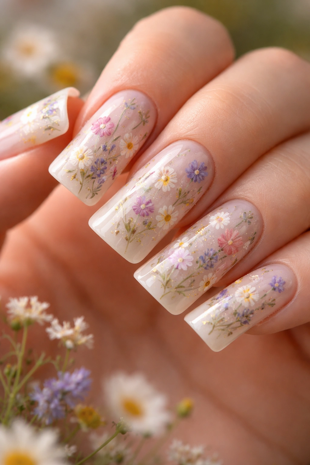 Duck nails with randomly scattered muted wildflowers on a neutral base