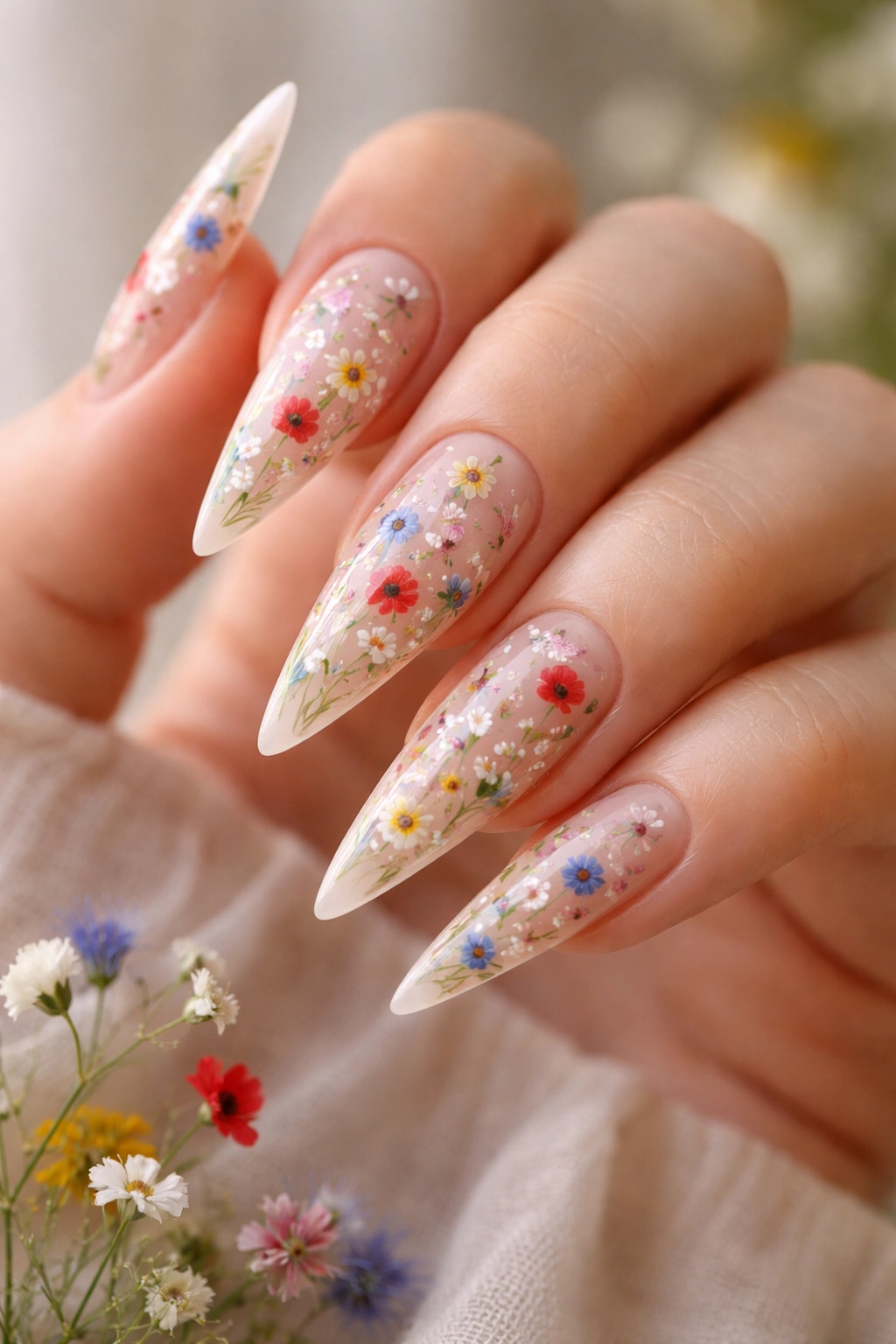 Close-up of stiletto nails with a nude beige base scattered with tiny wildflowers including poppies and daisies.