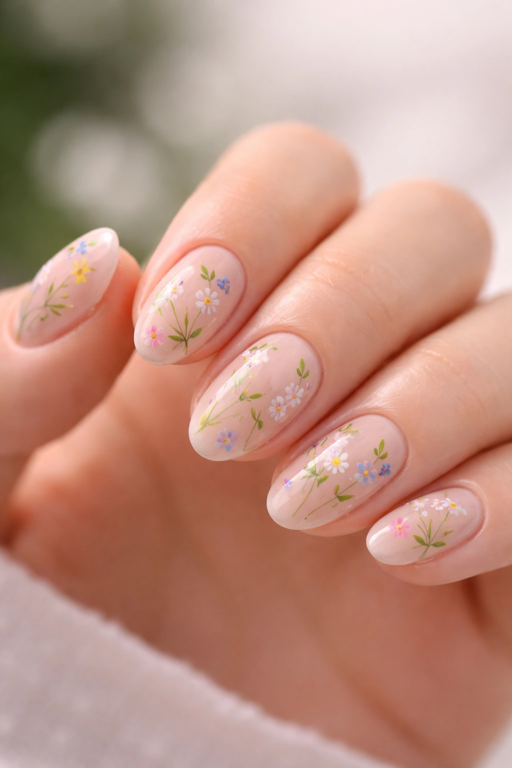 Short almond nails with tiny mixed wildflowers on a clear pink base