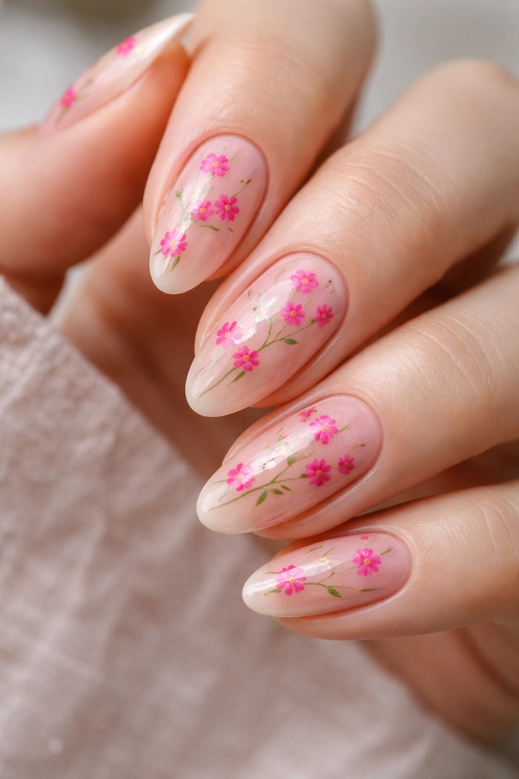 Short almond nails with hot pink wildflowers on a clear nude base.